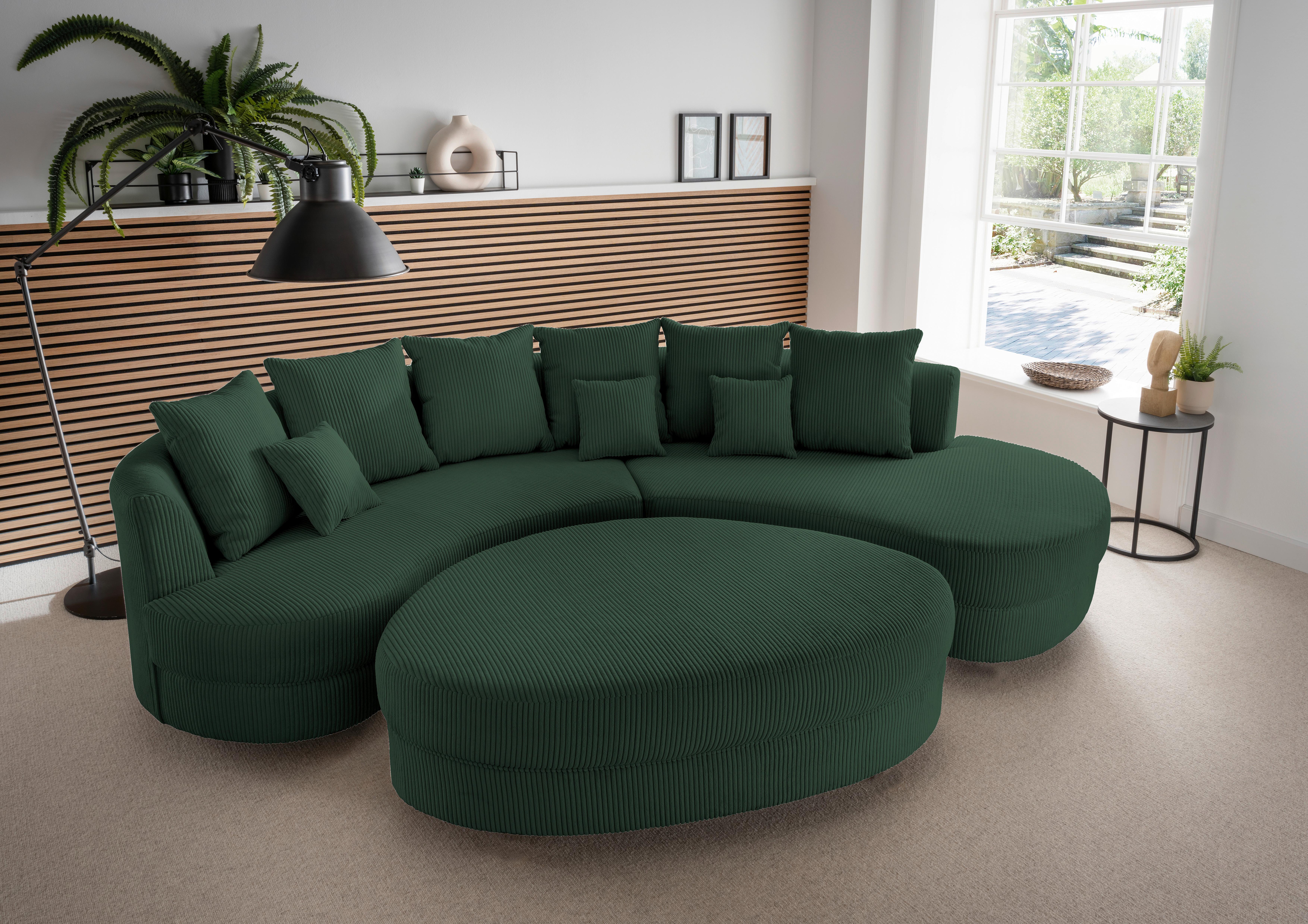 Wohnlandschaft Limoncello m. Hocker ca.300x160cm Dunkelgrün - Dunkelgrün/Schwarz, Design, Kunststoff/Textil (300/160cm) - Livetastic