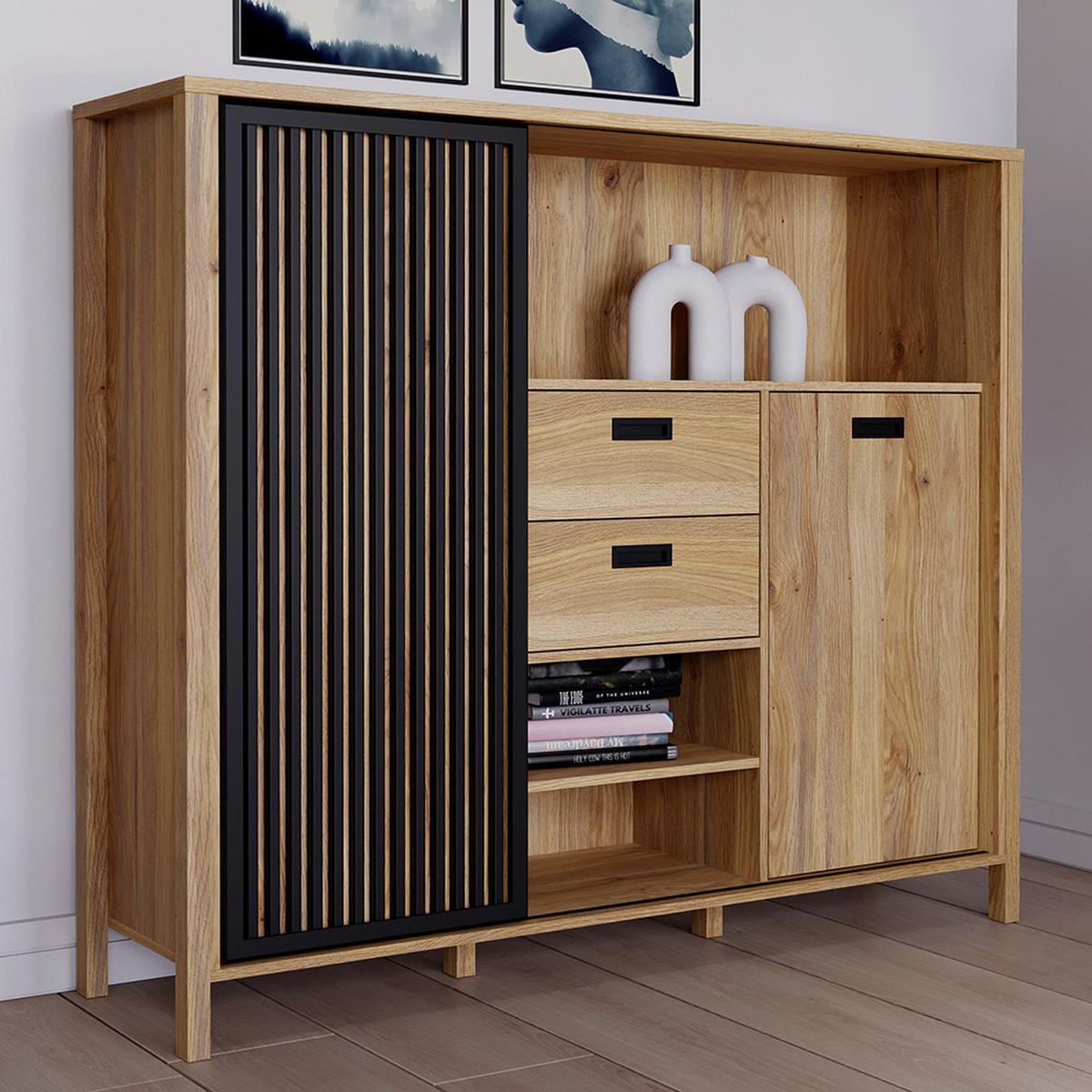 Highboard Jytana Schwarz/Eichefarben - Eichefarben/Schwarz, MODERN, Holzwerkstoff (149,9/129,9/40,2cm) - Premium Living