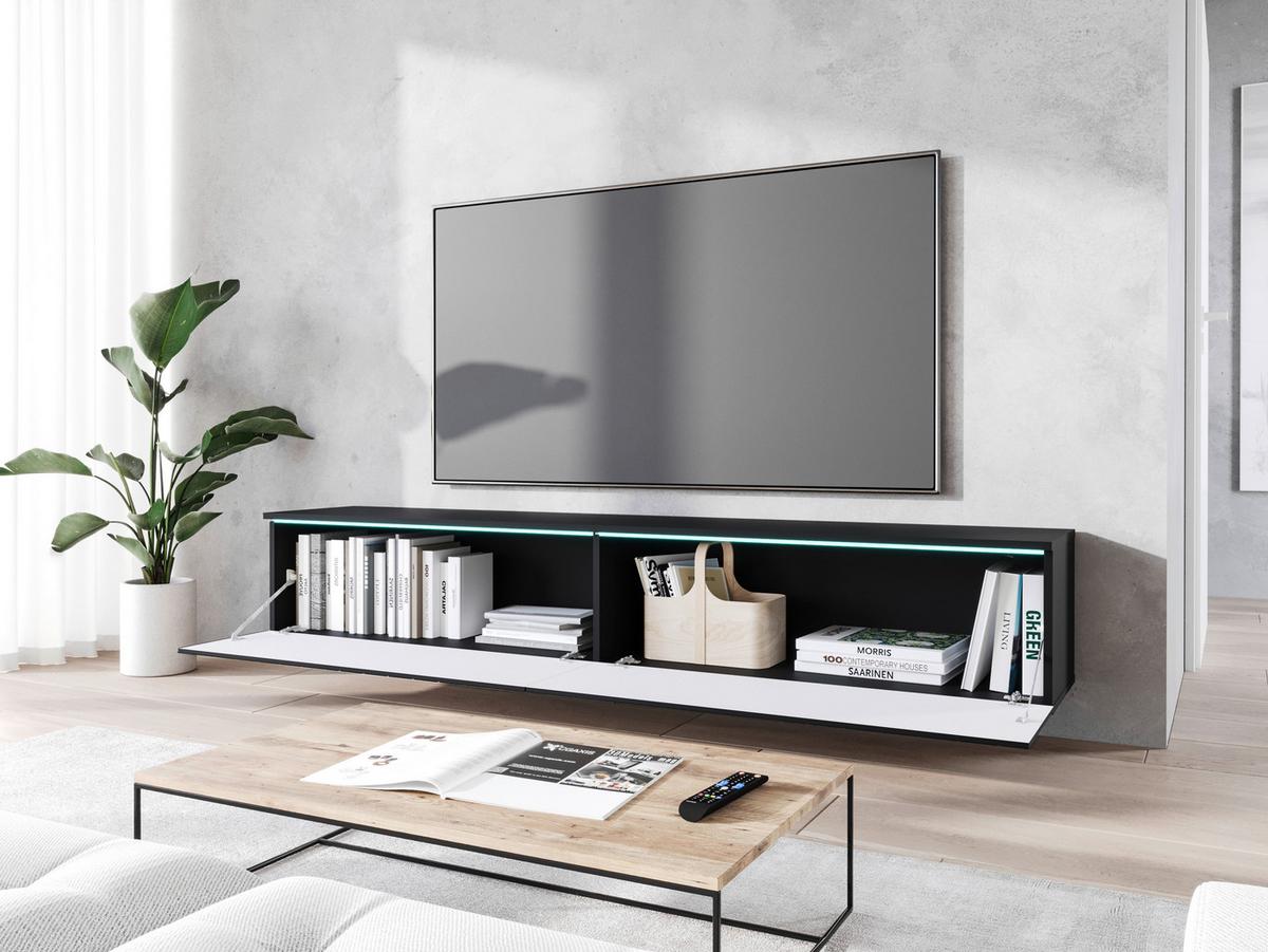 Lowboard ca. 180x30 cm mit LED Fischgräte Schwarz - Schwarz/Grau, Basics, Holzwerkstoff/Kunststoff (180/30/33cm) - P & B