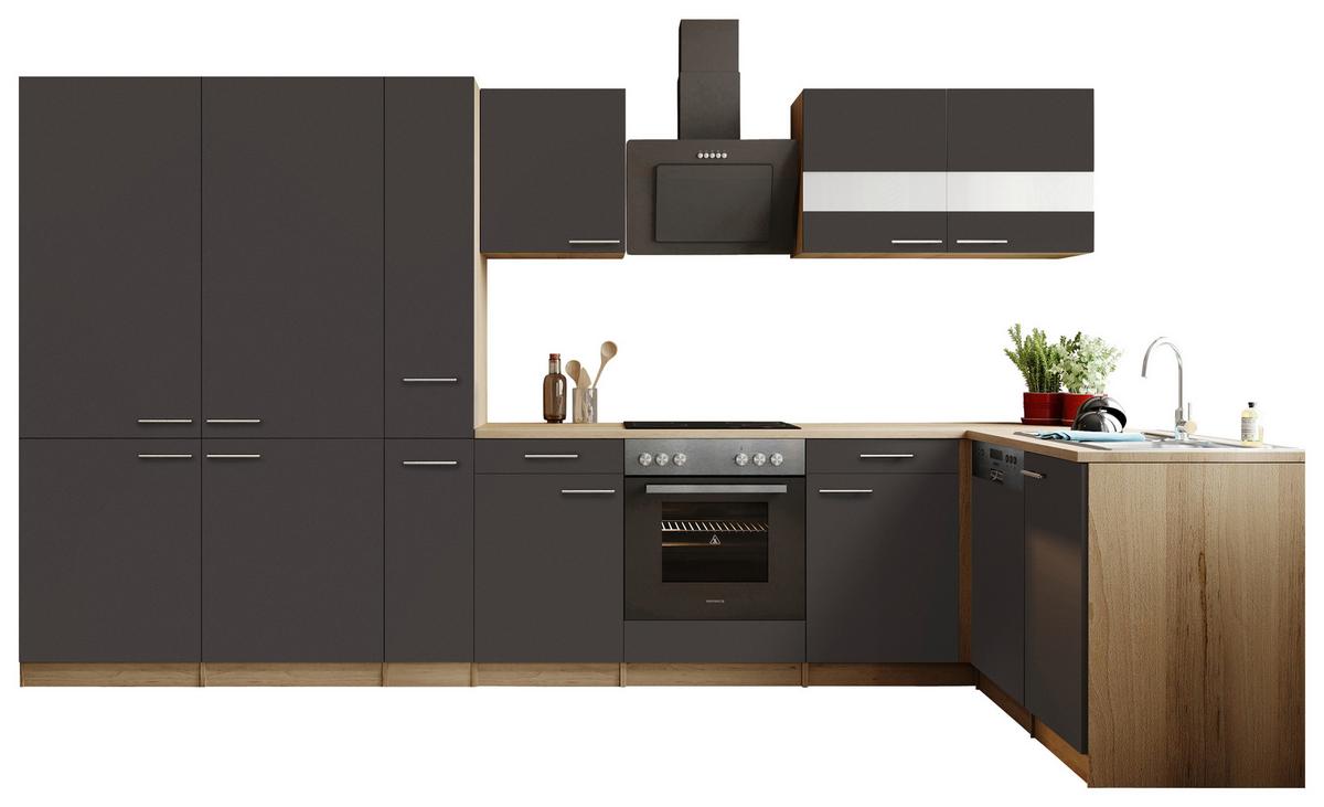 Eckküche Merle m. Geräten ca. 370x172cm Grau - Edelstahlfarben/Eichefarben, Trend, Holzwerkstoff/Metall (370/172cm) - Respekta