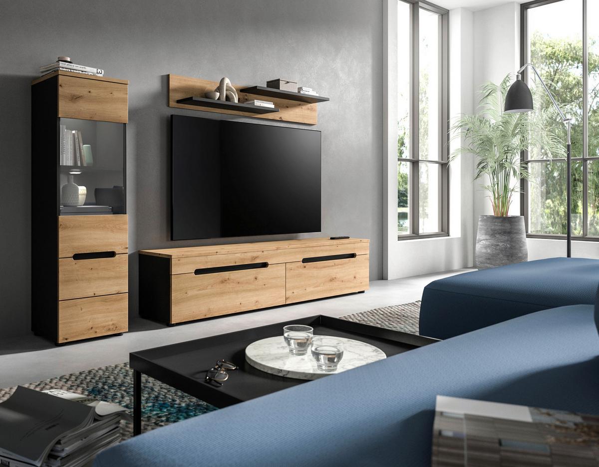 Dnevni Regal Canu, Siva, Barva Hrasta, Osvetlitev, 3-Delni - črna/hrast artisan, Design, umetna masa/leseni material (221/141/33cm) - Livetastic