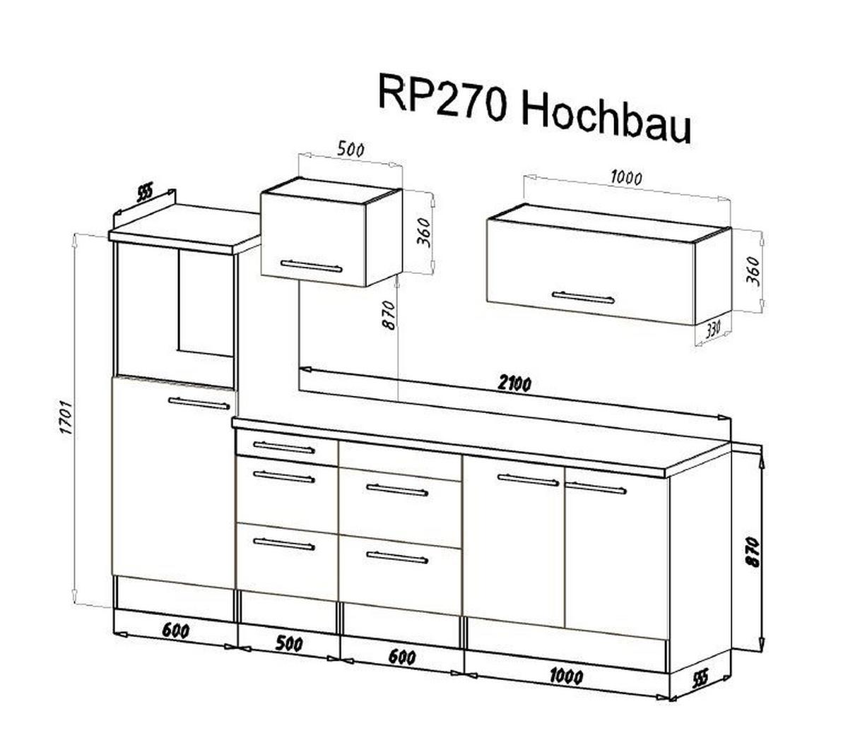 Küchenzeile mit Geräte Schwarz Hochglanz B: ca. 270 cm - Edelstahlfarben/Eichefarben, Basics, Holzwerkstoff/Metall (270cm) - Respekta
