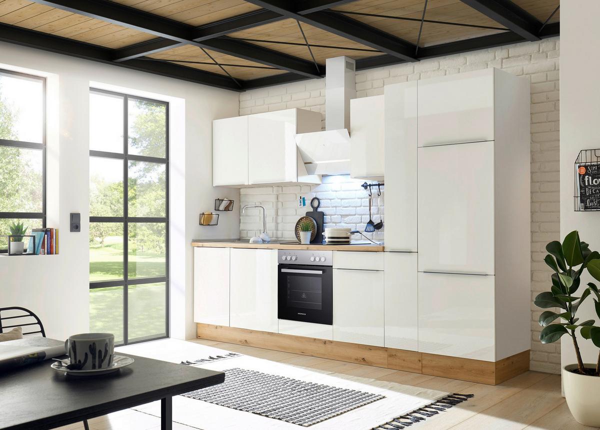 Küchenblock Marleen m. Geräten Weiß Hochglanz B: ca. 310cm - Weiß Hochglanz/Alufarben, LIFESTYLE, Holzwerkstoff/Kunststoff (310/211/60cm) - Respekta