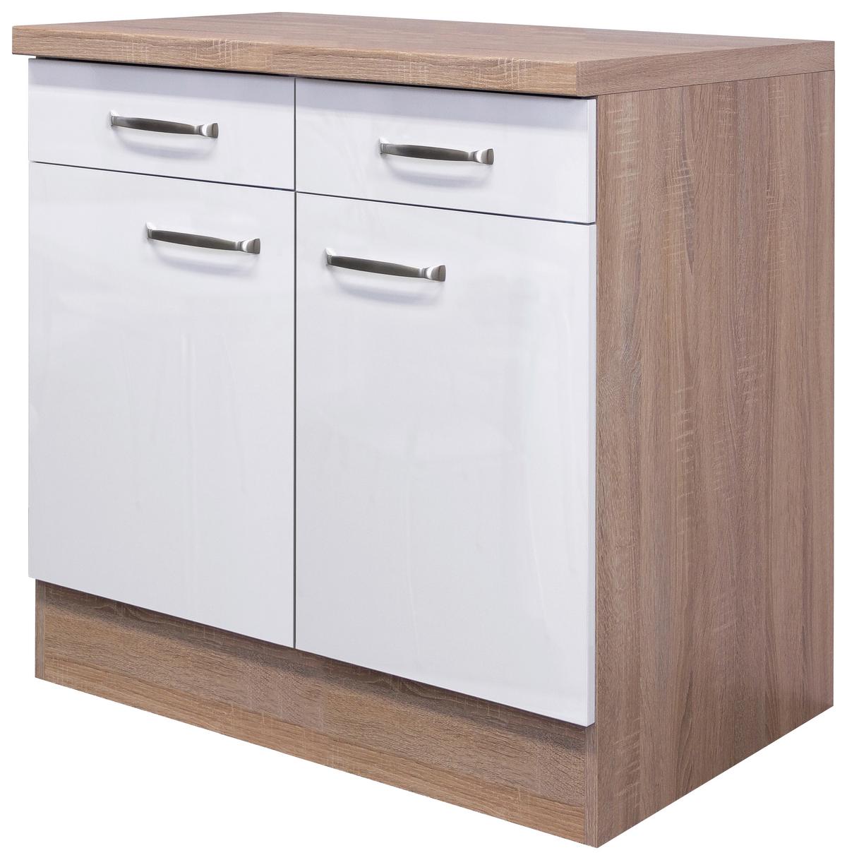 Küchenunterschrank Weiß Hochglanz/Eiche - Edelstahlfarben/Weiß Hochglanz, MODERN, Holzwerkstoff/Metall (80/86/60cm) - FlexWell