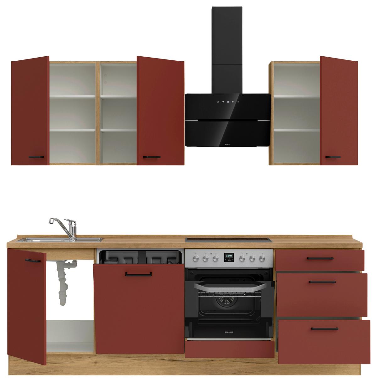 Küchenblock Easytouch High m. Geräten Dunkelrot - Eichefarben/Schwarz, MODERN, Holzwerkstoff/Metall (240cm) - Nobilia