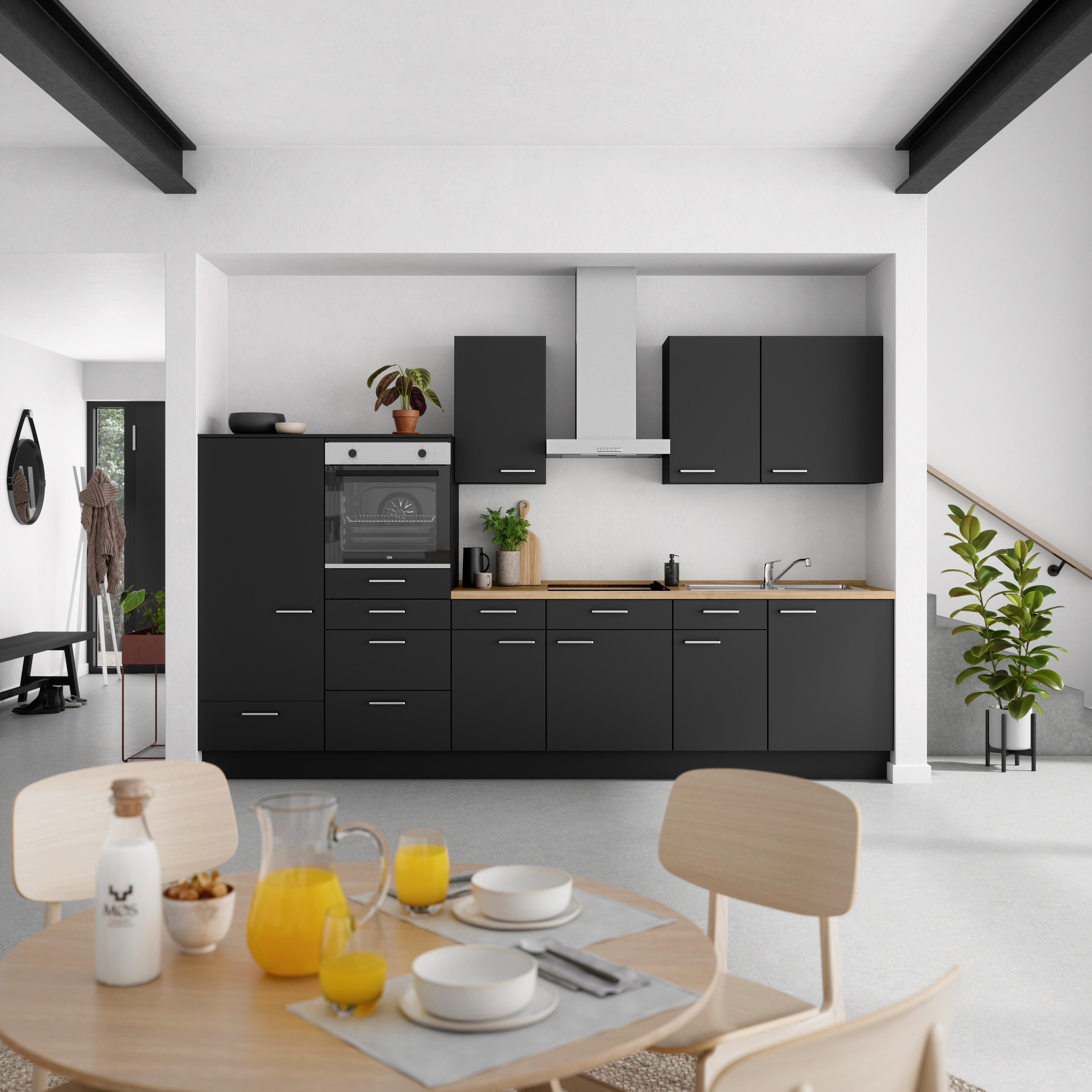 Küchenblock Touch Low m. Geräten Schwarz - Edelstahlfarben/Eichefarben, MODERN, Holzwerkstoff/Metall (330cm) - Nobilia