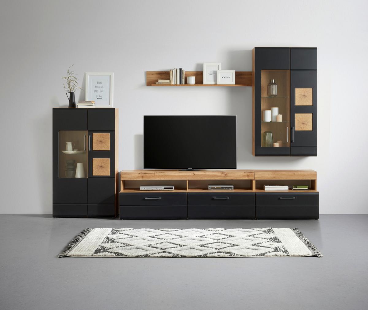 Wohnwand in Schwarz/Eichefarben - Chromfarben/Eichefarben, KONVENTIONELL, Glas/Holzwerkstoff (330/208/52cm) - Mömax