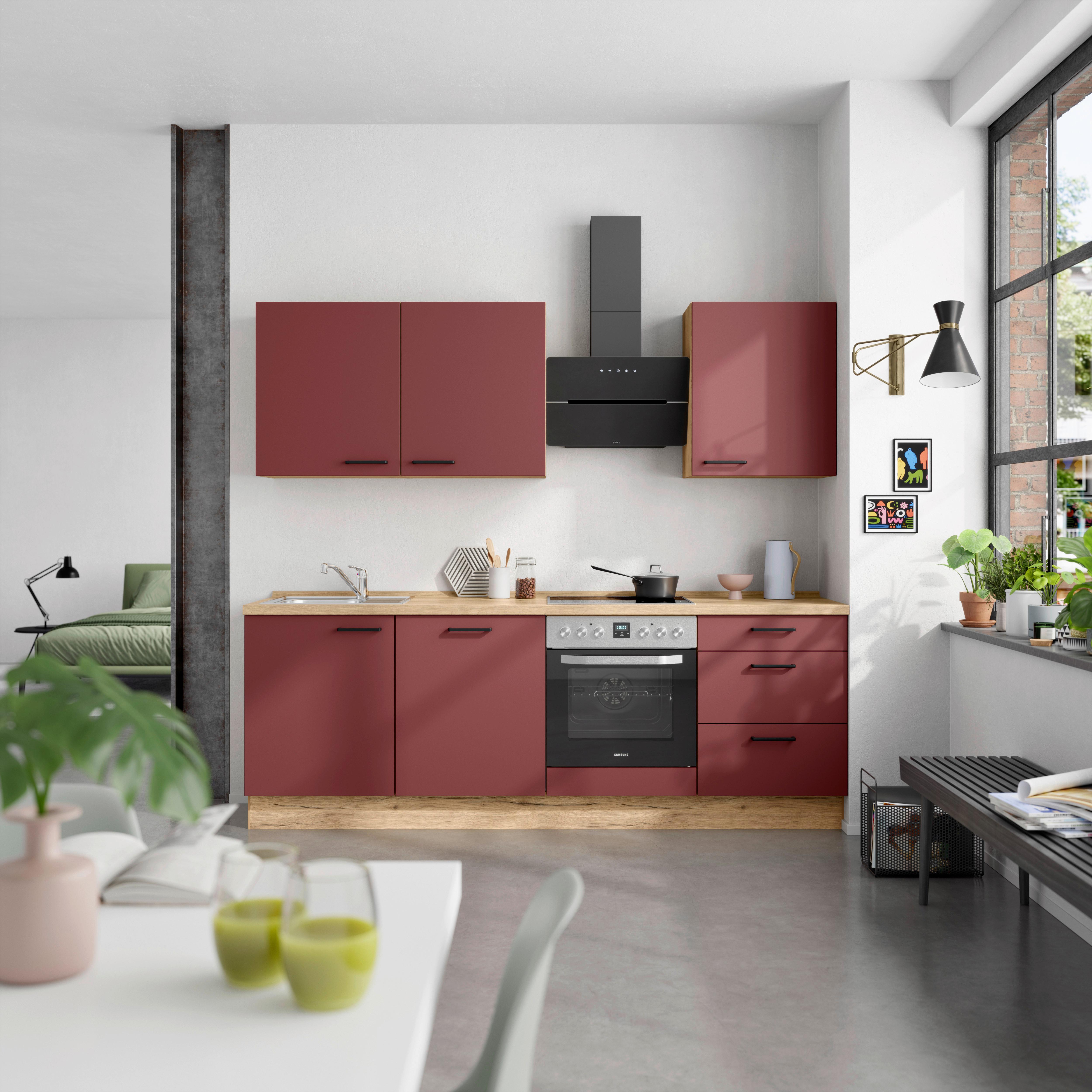 Küchenblock Easytouch High m. Geräten Dunkelrot - Eichefarben/Schwarz, MODERN, Holzwerkstoff/Metall (240cm) - Nobilia
