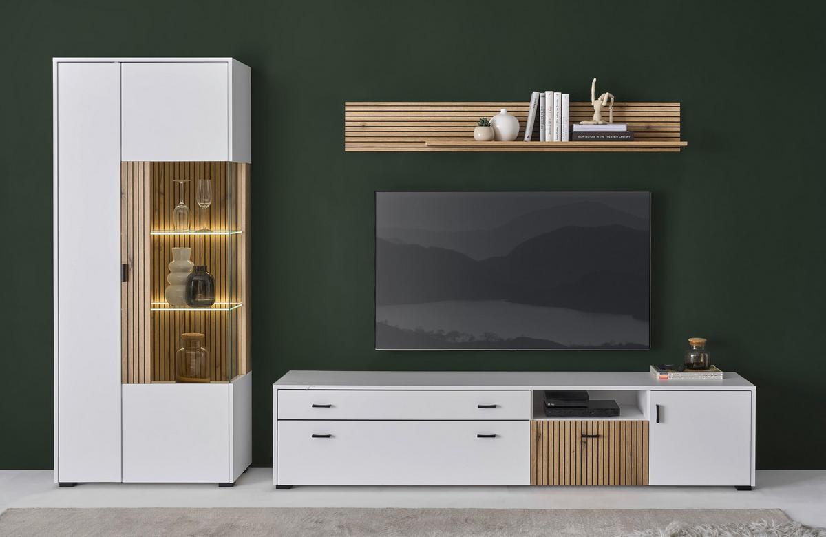 Wohnwand Hudson Weiß/Eichefarben - Eichefarben/Schwarz, Design, Glas/Holzwerkstoff (328/180/42cm) - MID.YOU