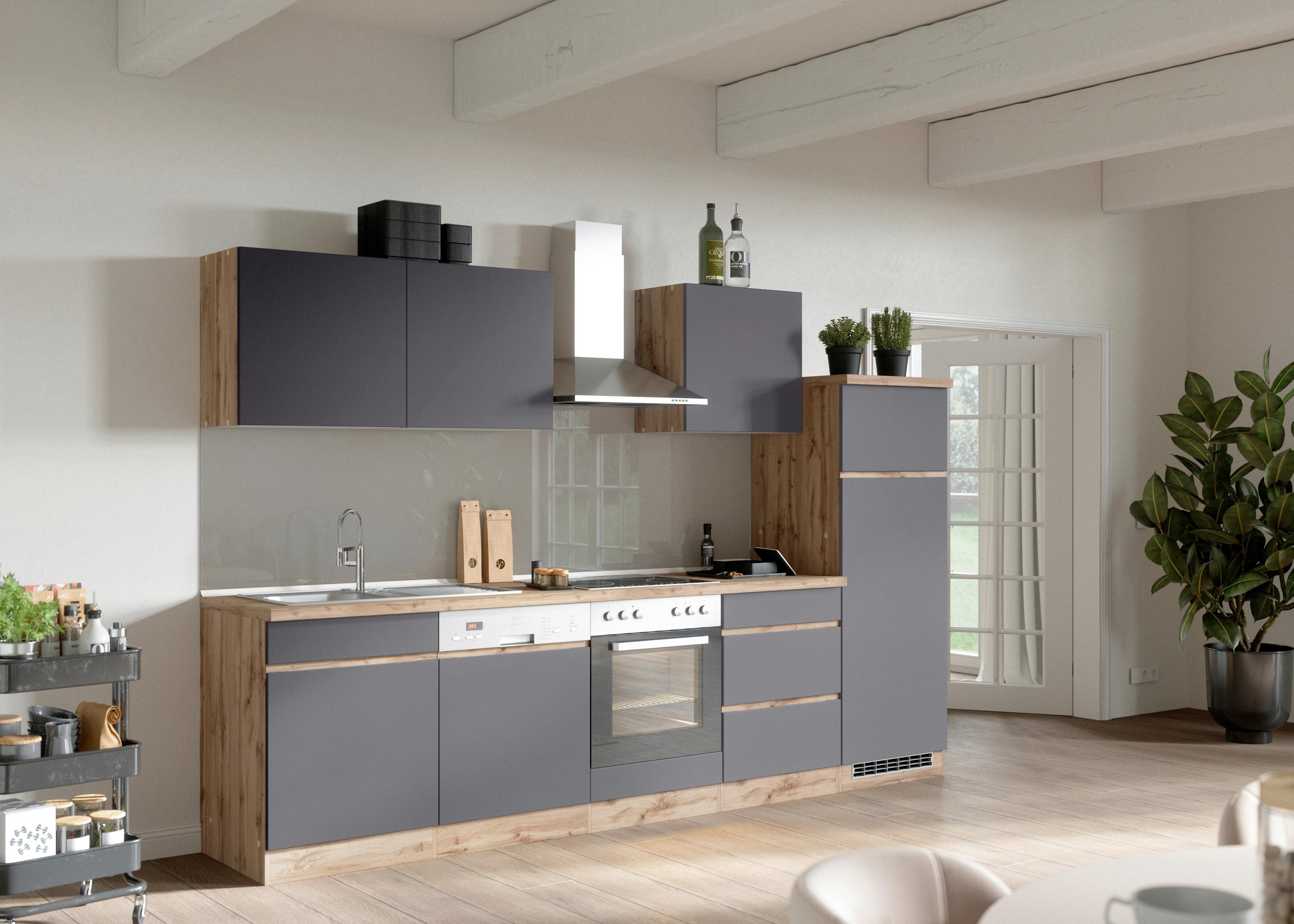 Küchenzeile Turin mit Geräten ca. 300 cm Grau/Wotaneiche - Eiche Wotan/Grau, Design, Holzwerkstoff (300cm) - Held