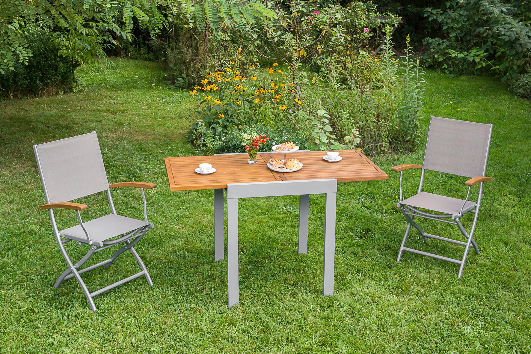 Balkonset Naxos 3-tlg. Alu/Akazie massiv - Beige/Silberfarben, MODERN, Holz/Kunststoff - Gardenson