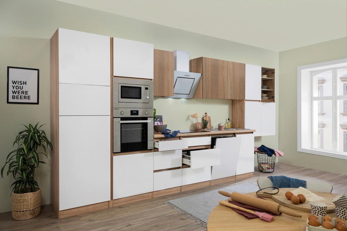 Küchenzeile Premium m. Geräte Weiß/Eiche B: ca. 445 cm - Eichefarben/Weiß Hochglanz, Basics, Holzwerkstoff (445cm) - Respekta