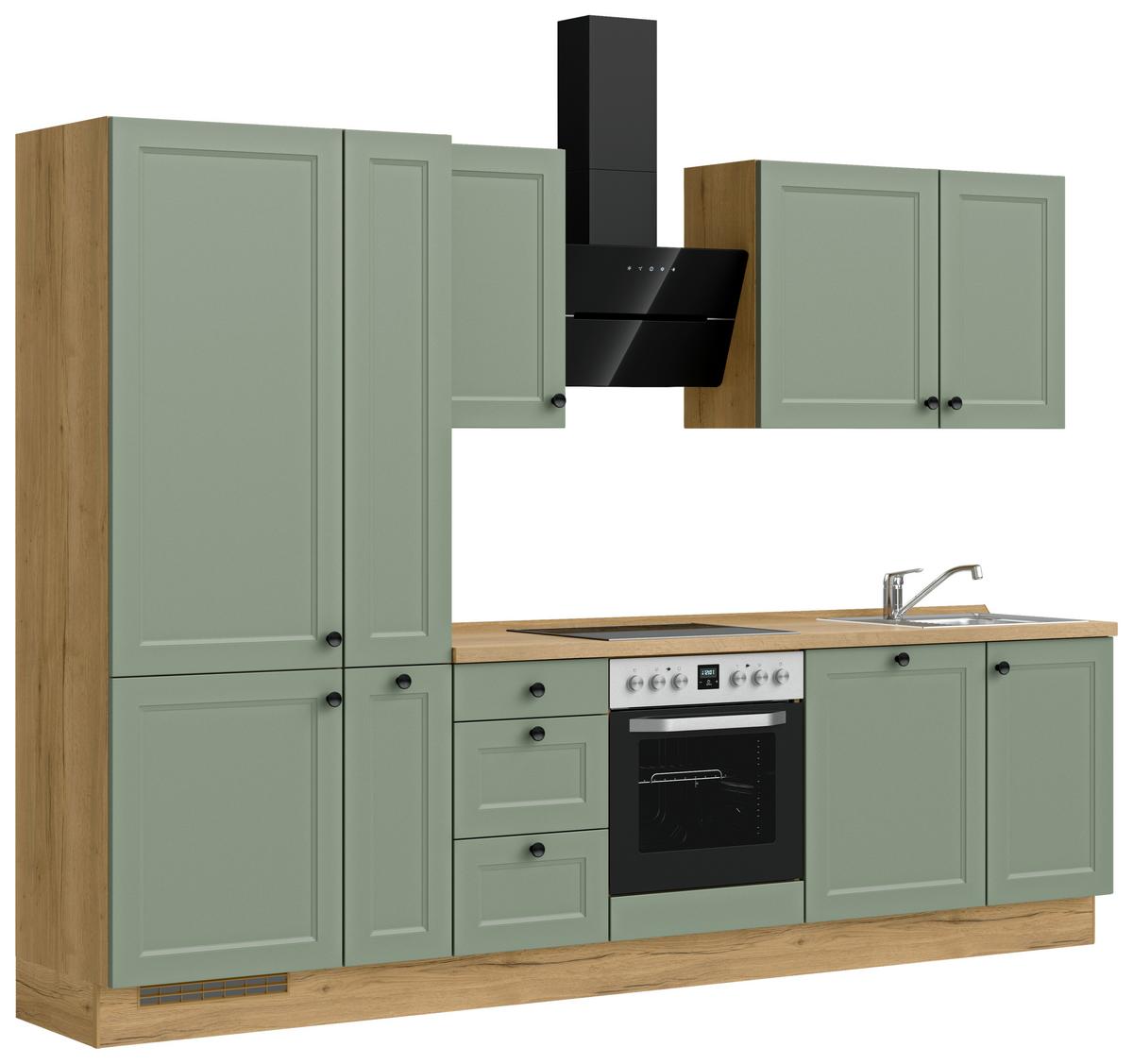 Küchenblock Cascada High m. Geräten Schilfgrün - Schilfgrün/Eichefarben, MODERN, Holzwerkstoff/Metall (300cm) - Nobilia