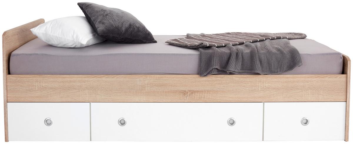 Postelja Wiki, Bela, Barva Hrasta, S Predali, 90x200 - bela/hrast sonoma, Konvencionalno, leseni material (204/66/95cm)