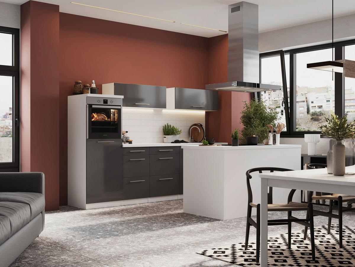 Inselküche Premium Grau Hoch glanz m.Geräten B: ca. 280 cm - Weiß/Grau, MODERN, Holzwerkstoff/Metall (280/160cm) - Respekta