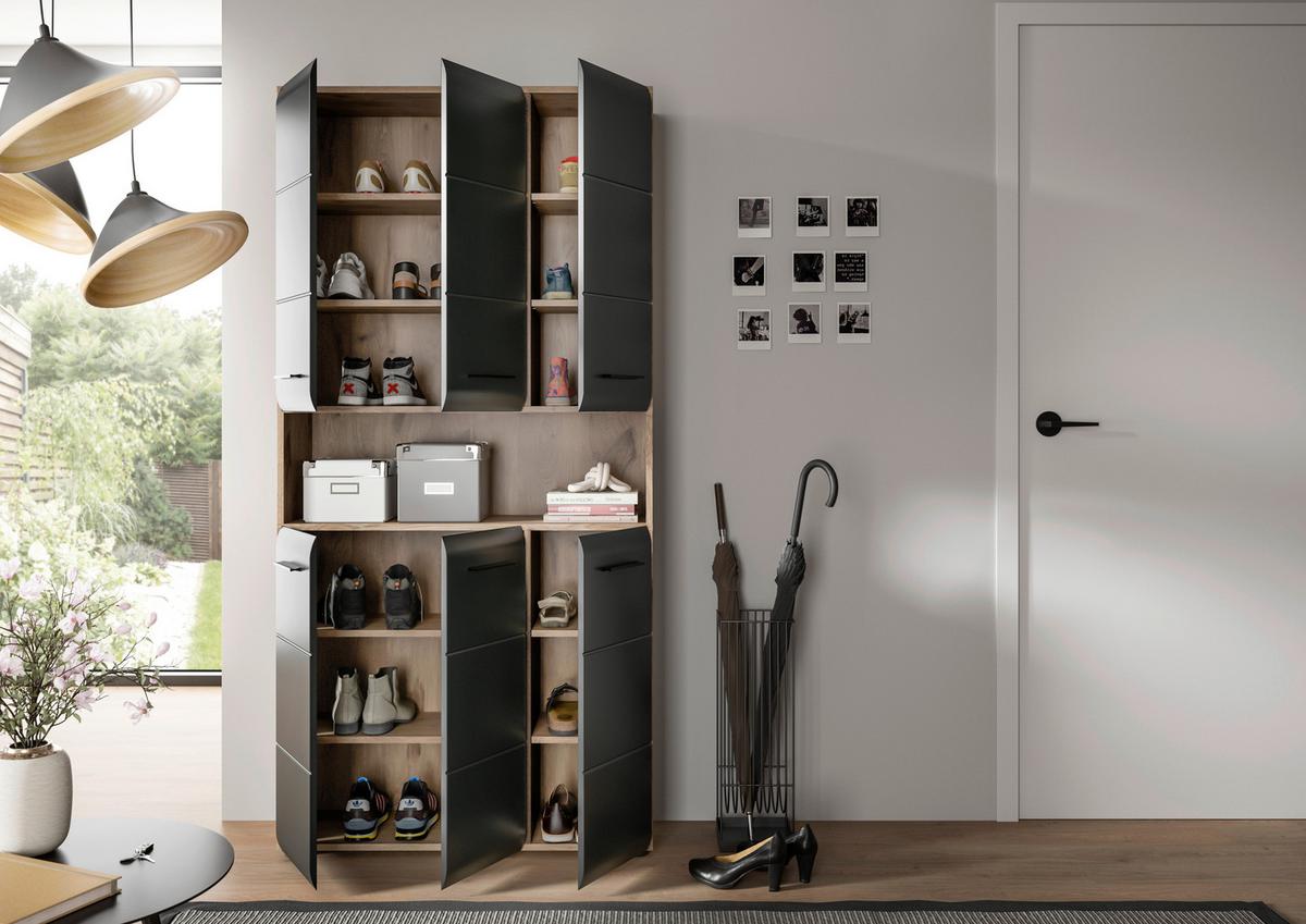 Hochschrank Ice Schwarz/Eiche dunkel - Eiche dunkel/Schwarz, Basics, Holzwerkstoff/Kunststoff (90/185/30cm) - MID.YOU