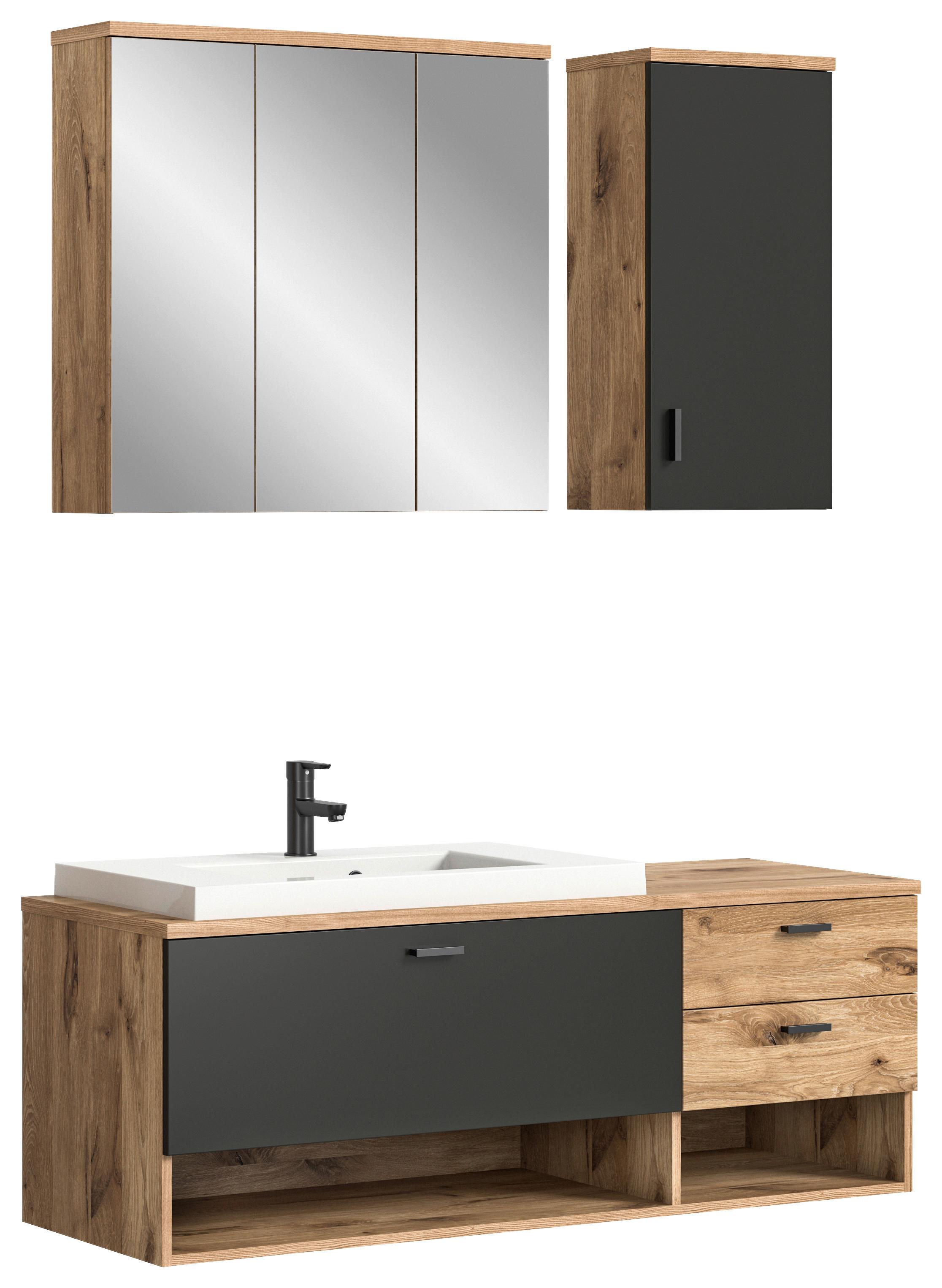 Badezimmer Grado 4-tlg. ca. 138 cm Eiche/Grau - Dunkelgrau/Weiß Hochglanz, MODERN, Glas/Keramik (138cm) - MID.YOU