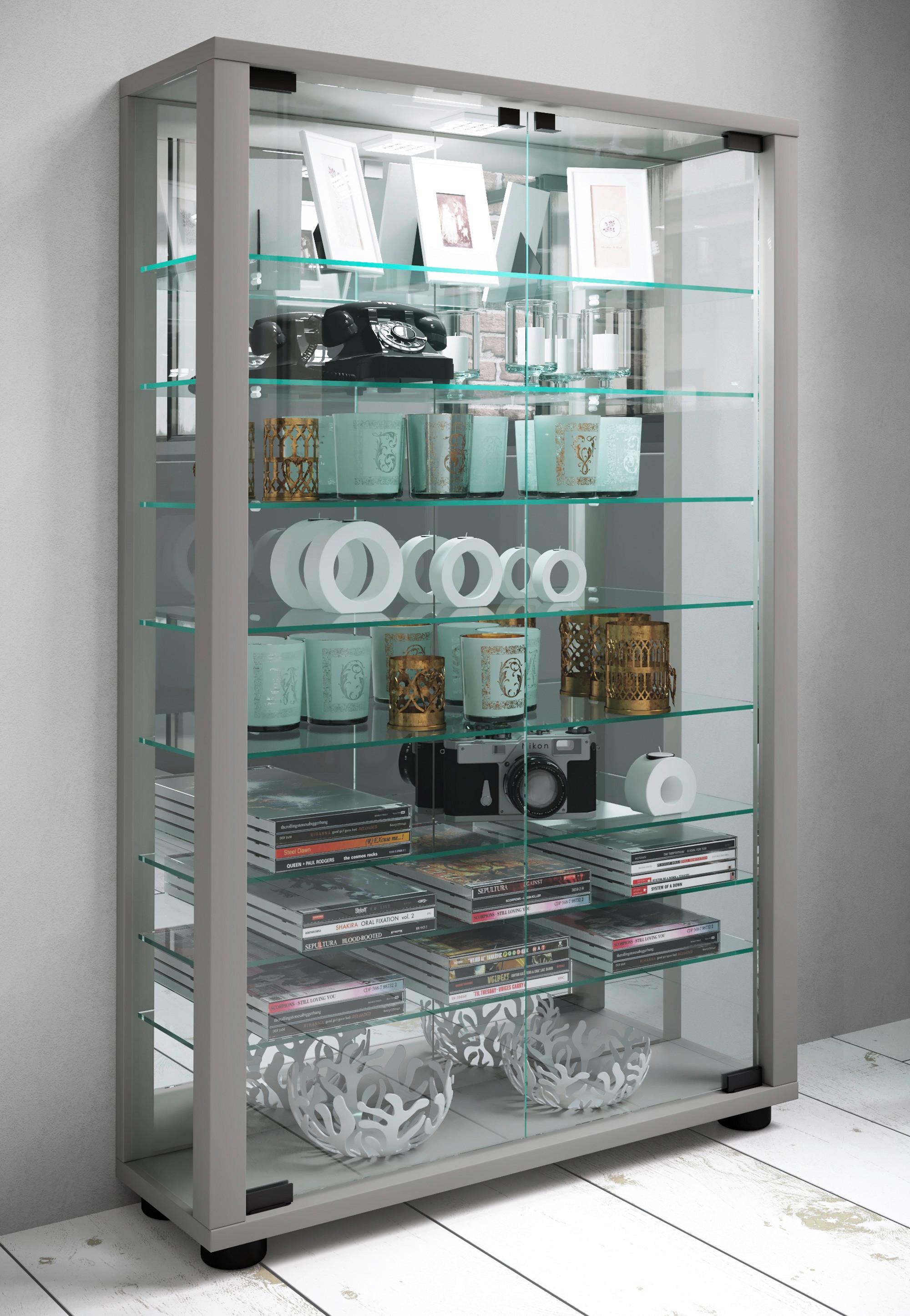 Vitrine Lumo ca. 59x91x18 cm Silber - Silberfarben/Schwarz, MODERN, Glas/Holzwerkstoff (59/91,3/18cm) - MID.YOU