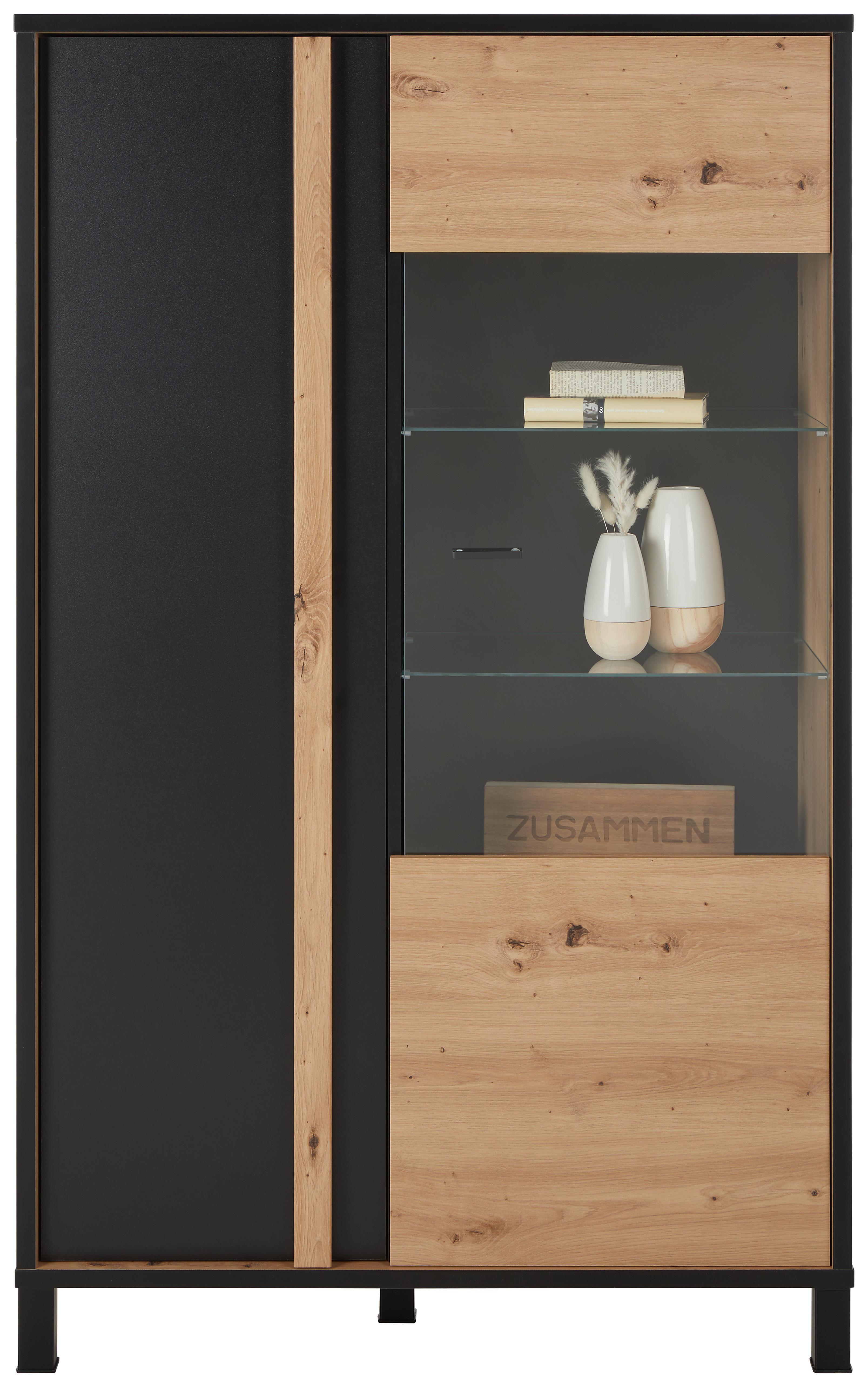 Vitrine in Schwarz/Eiche Artisan - Schwarz/Eiche Artisan, Modern, Glas/Holzwerkstoff (94,8/158,8/42cm) - Modern Living