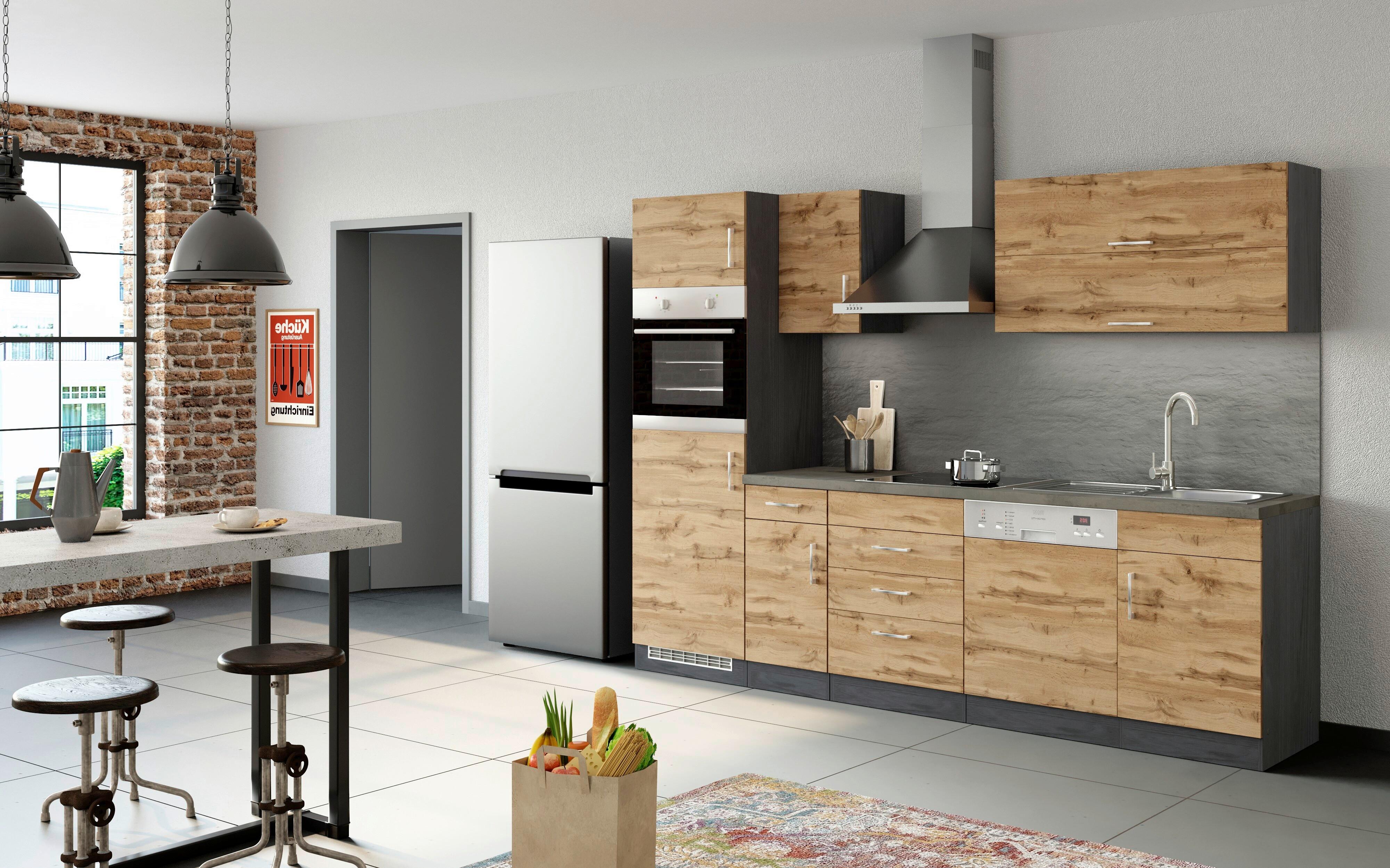 Küchenblock Sorrento mit Geräten ca. 270 cm Eichefarben - Chromfarben/Schieferfarben, MODERN, Holzwerkstoff/Metall (270cm) - Held