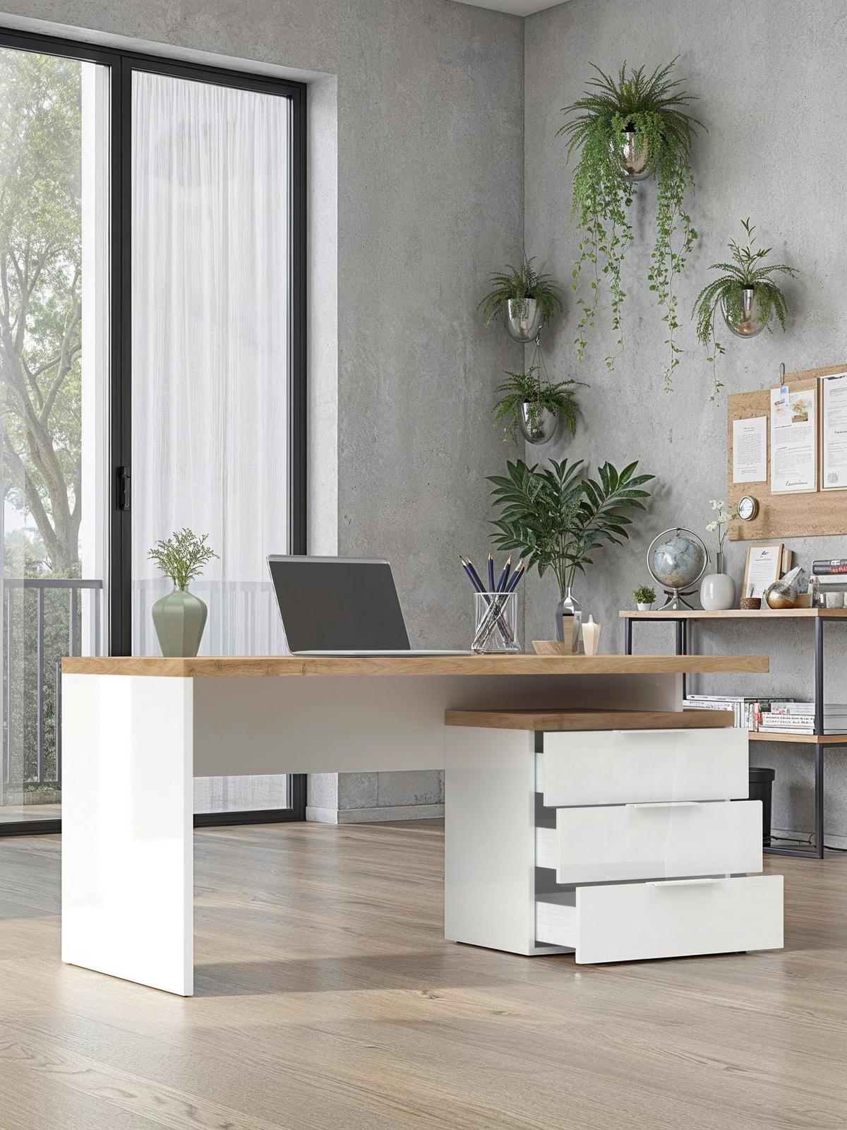 Schreibtisch Easy Office Eichefarben/Weiß Hochglanz - Eichefarben/Weiß Hochglanz, MODERN, Holzwerkstoff/Metall (160/75/68cm) - Based