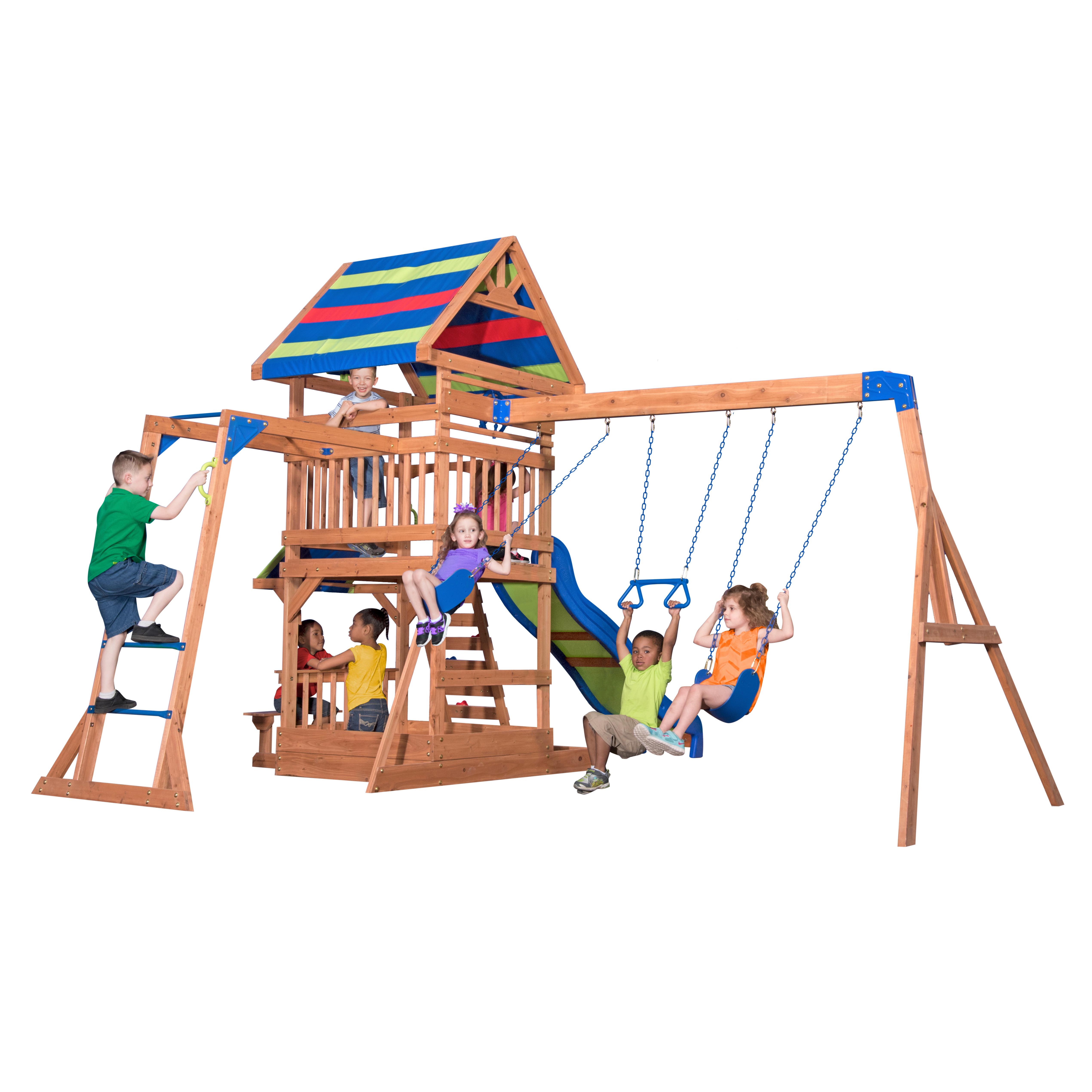 Spielturm Northbrook aus Zeder Massiv - Blau/Rot, Basics, Holz (429,3/299,7/136,9cm) - Ambia Garden