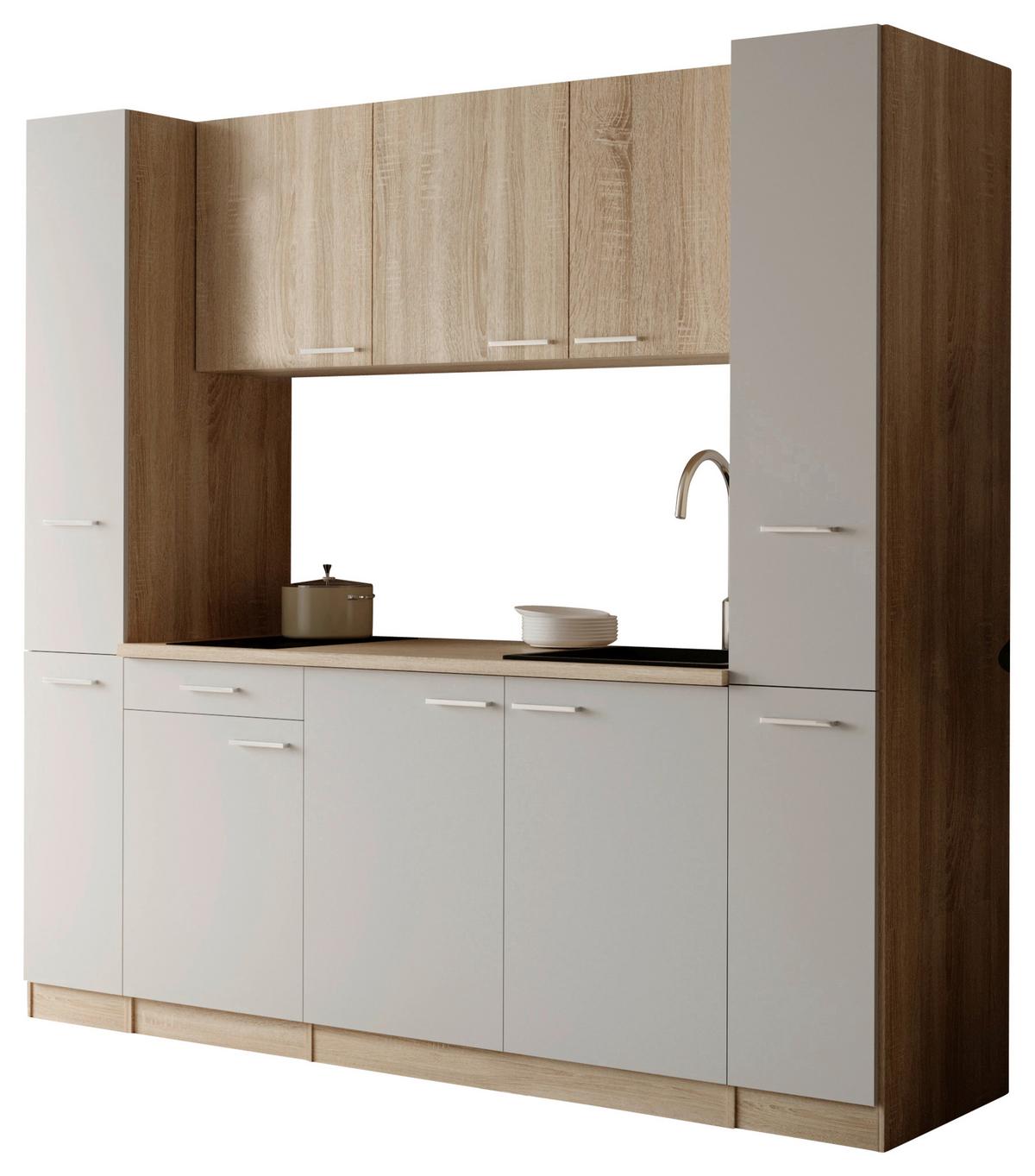 Küchenblock Ingrid m. Gerät Weiß - Eichefarben/Alufarben, Design, Holzwerkstoff/Kunststoff (210cm) - Respekta