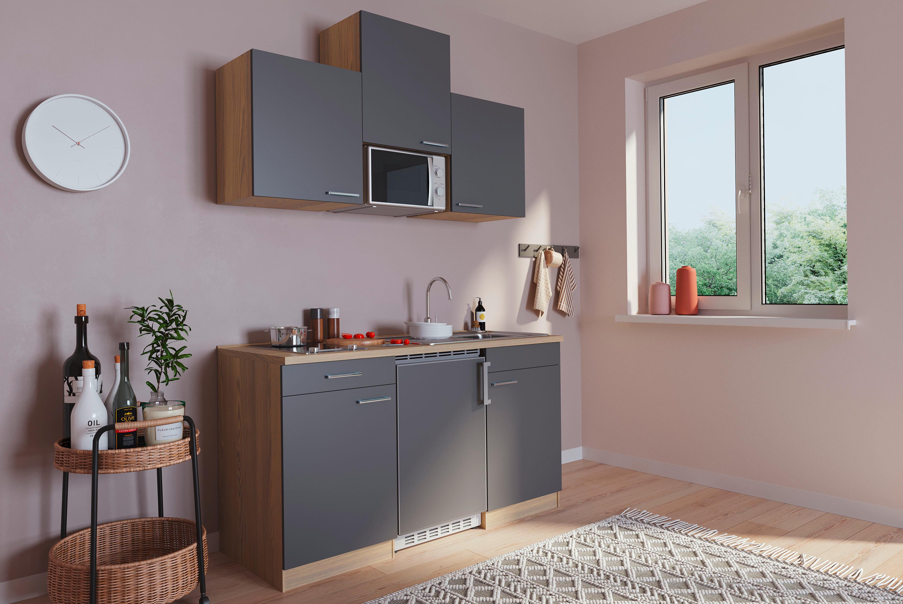 Miniküche Economy m. Geräten B: ca. 150cm Grau/Eichefarben - Eichefarben/Grau, Basics, Holzwerkstoff (150cm) - Respekta