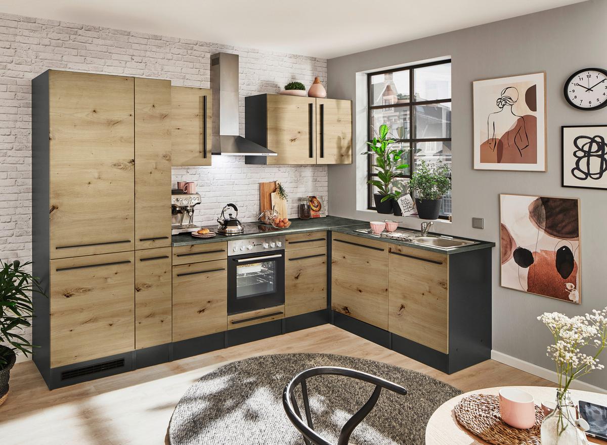 Eckküche Jazz mit Geräten ca.310x175cm Eiche/Anthrazit - Anthrazit/Schwarz, LIFESTYLE, Holzwerkstoff/Kunststoff (310/175cm) - P & B
