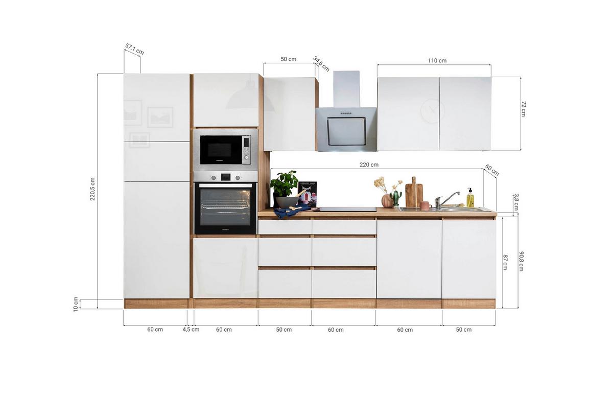Küchenblock Lorena mit Geräten ca. 345 cm Weiß - Eichefarben/Weiß, Basics, Holzwerkstoff (345cm) - Respekta