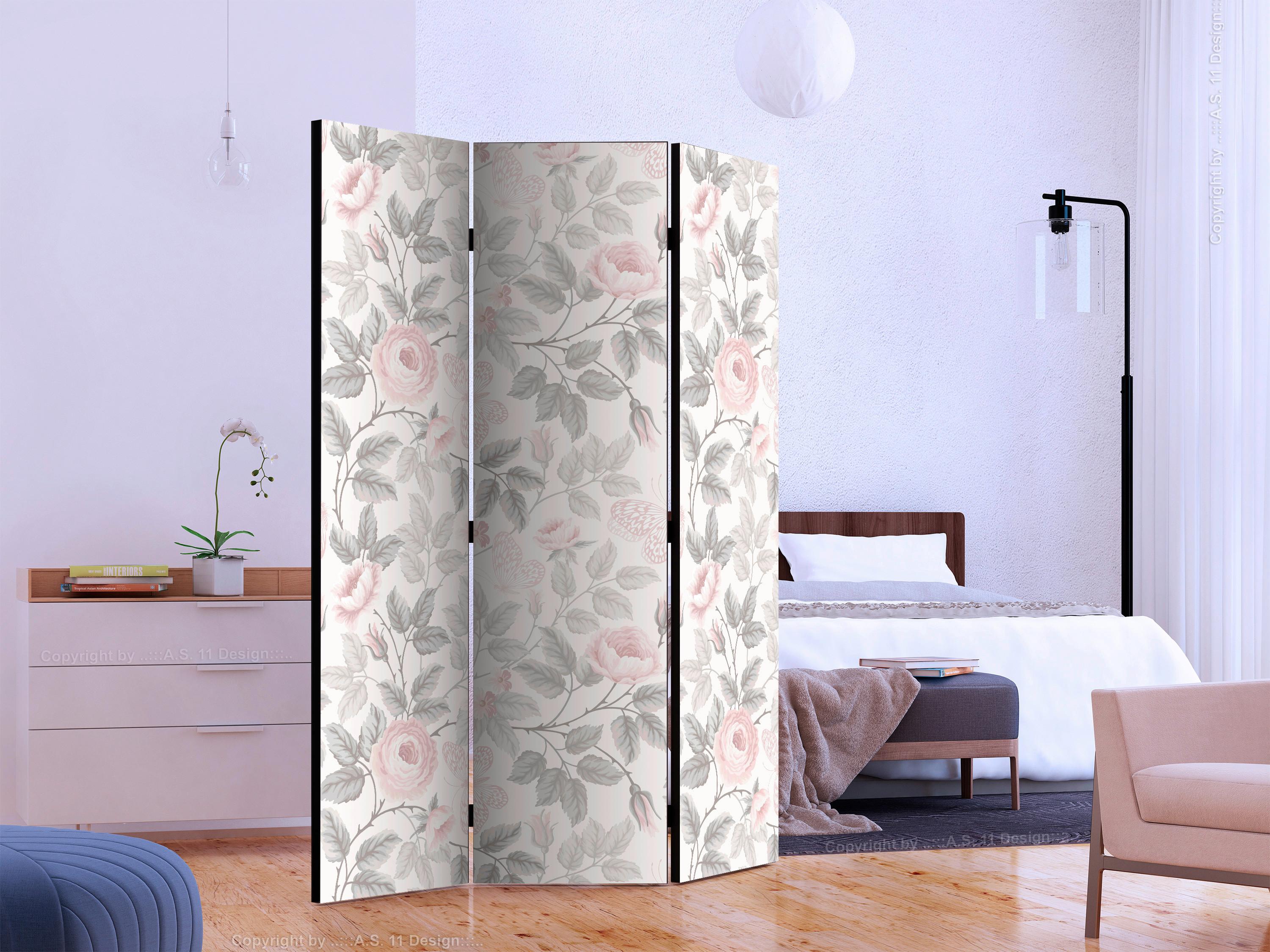 Paravan Roses, 3-Delni, Dvostranski - pink/svetlo siva, Basics, tekstil/les (135/172/3cm) - artgeist