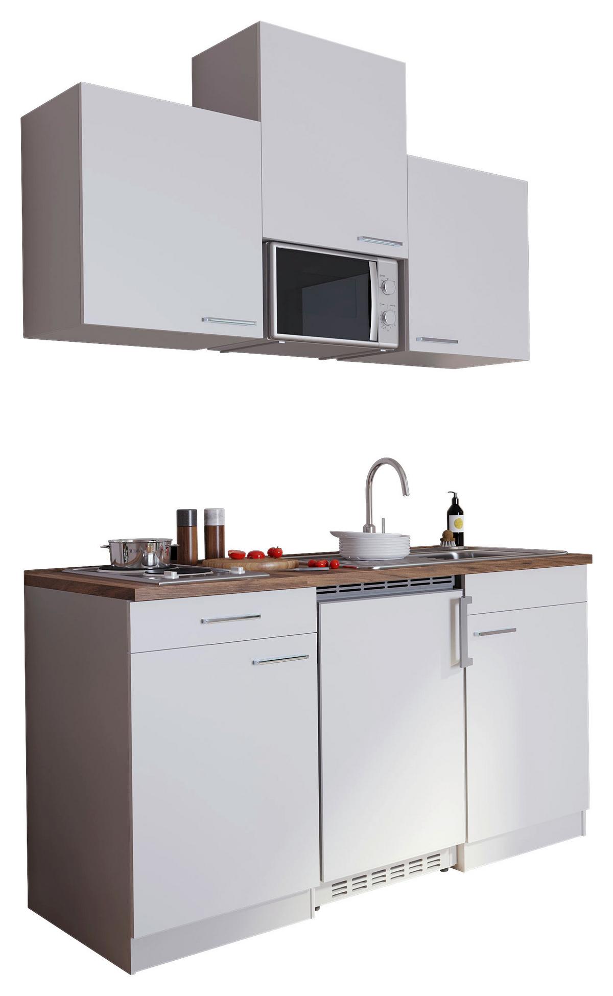 Miniküche Economy m. Geräten Weiß B: ca. 150 cm - Edelstahlfarben/Nussbaumfarben, Basics, Holzwerkstoff/Kunststoff (150cm) - Respekta
