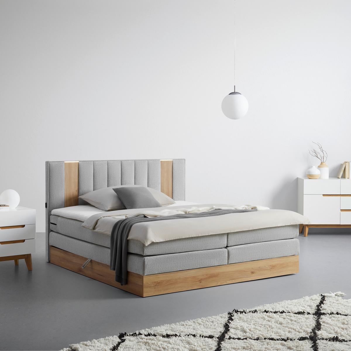 Postelja Boxspring Rabina, Svetlo Siva, 180x200 - siva/barve hrasta, Konvencionalno, tekstil/leseni material (180/200cm) - Mömax