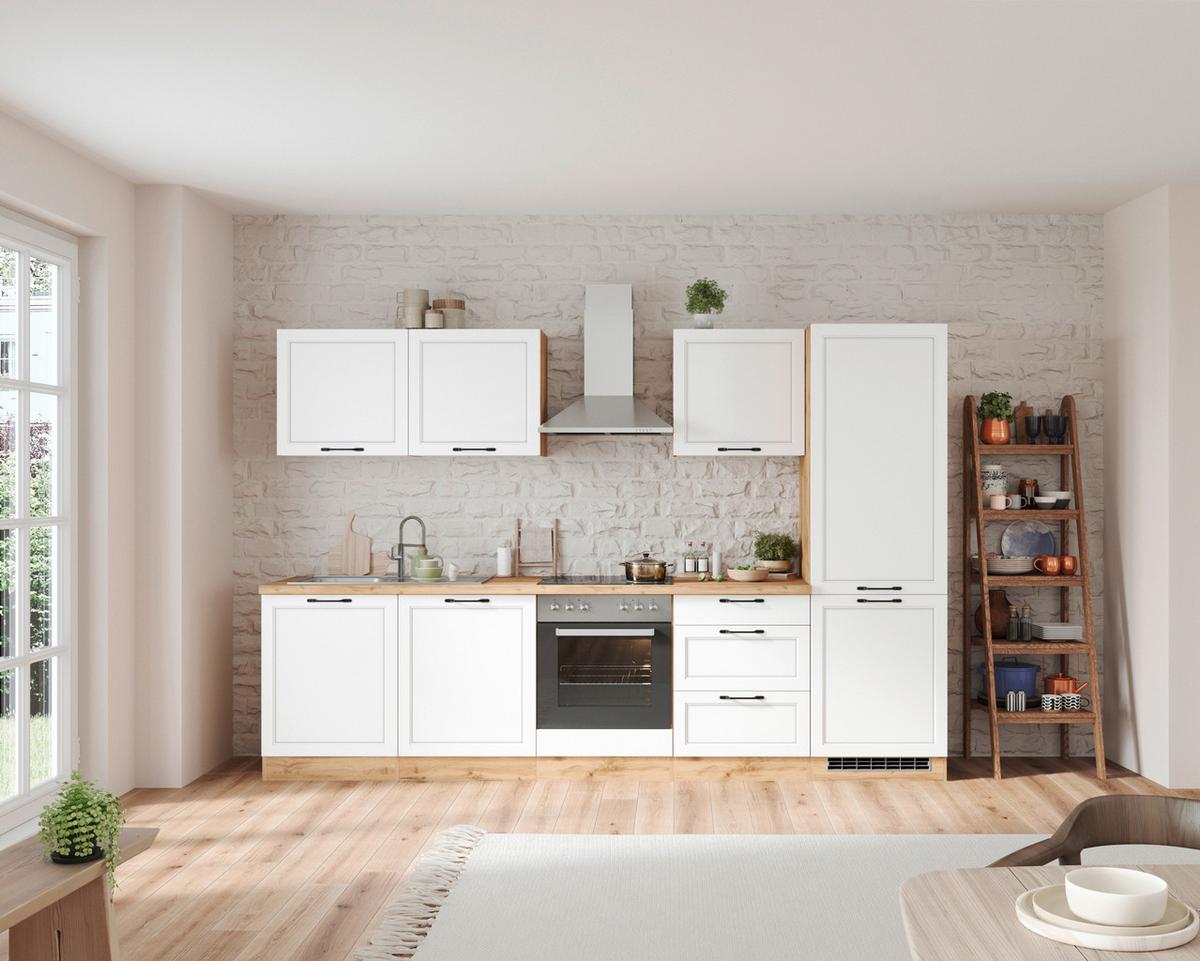 Küchenzeile Meran ohne Geräte ca. 300 cm Weiß/Eiche - Eiche Wotan/Schwarz, LIFESTYLE, Holzwerkstoff/Metall (300cm) - Held