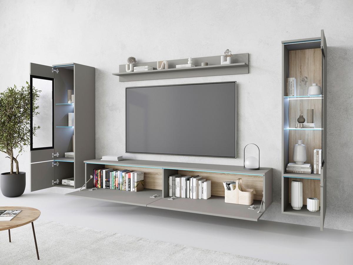 Dnevni Regal Vera I, Siva Z Osvetlitvijo, 4-Delni - siva, Trend, umetna masa/steklo (240/130/33cm) - P & B