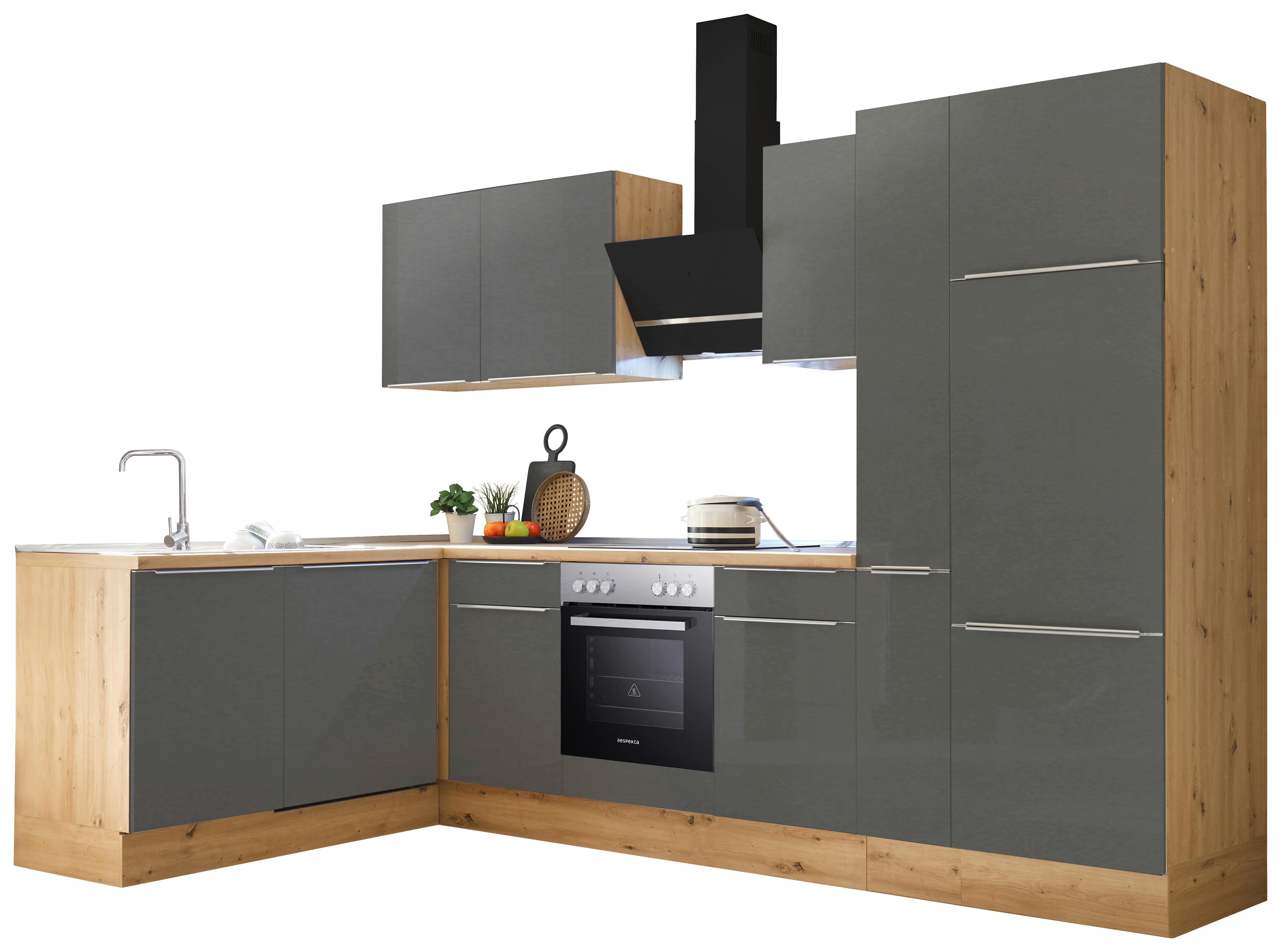 Eckküche Marleen mit Geräten Grau/Eiche ca. 310x170 cm - Anthrazit/Alufarben, LIFESTYLE, Holzwerkstoff/Kunststoff (170/310cm) - Respekta