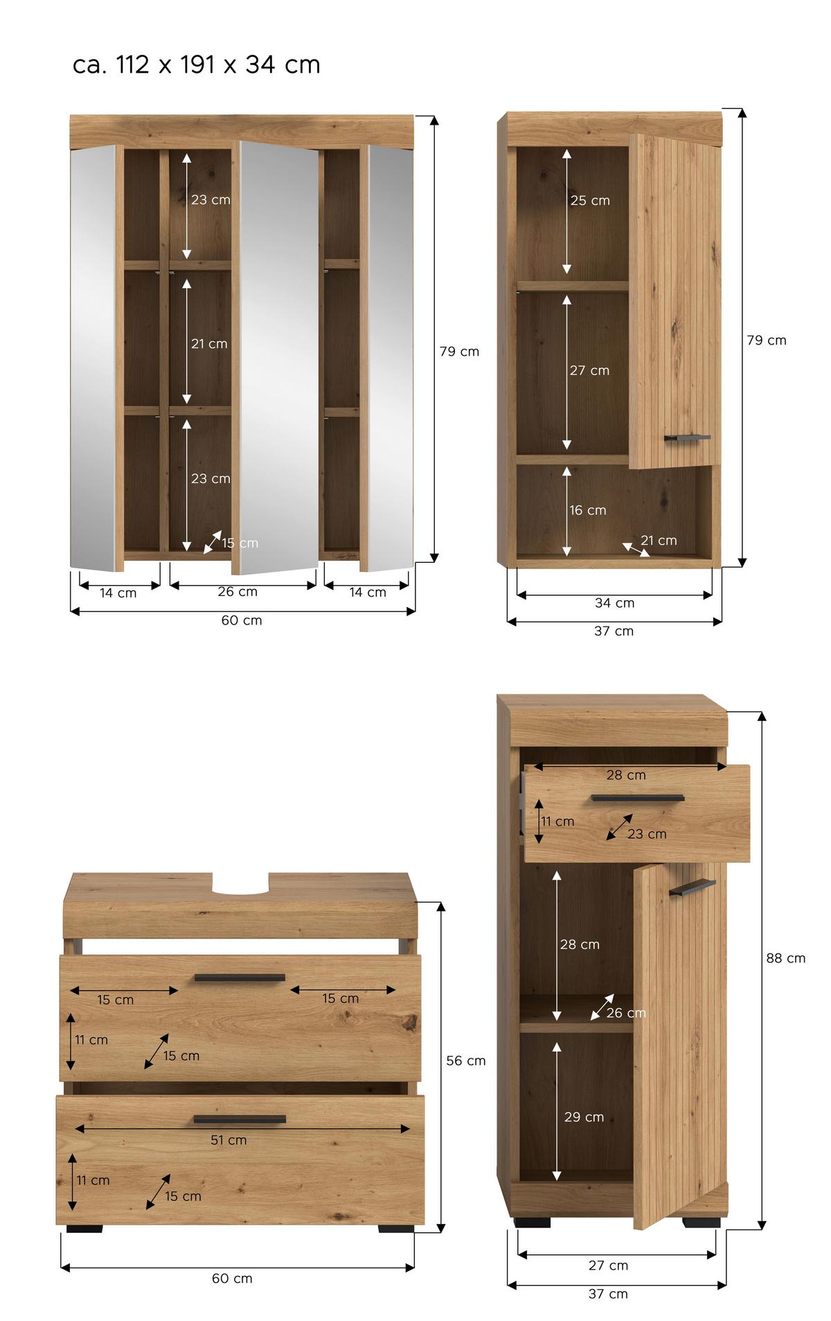 Badezimmer Scout Eiche Artisan 4-teilig - Schwarz/Eiche Artisan, Trend, Glas/Holzwerkstoff (97cm) - MID.YOU