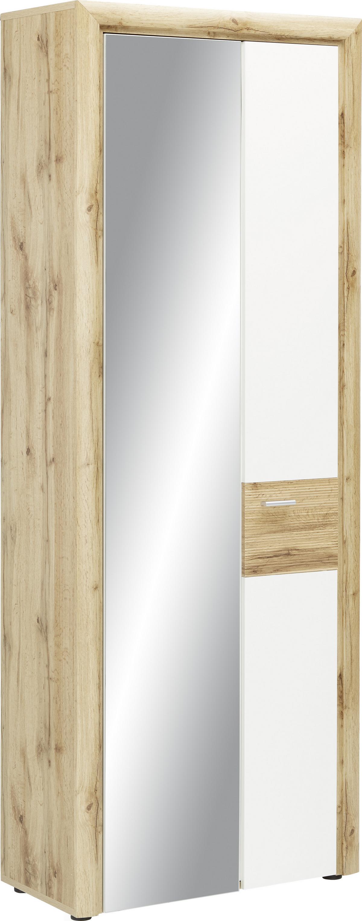 Garderobna Omara Ronny, Bela, Barva Hrasta, Ogledalo - srebrne barve/barve hrasta, Konvencionalno (75/201/38cm) - Premium Living