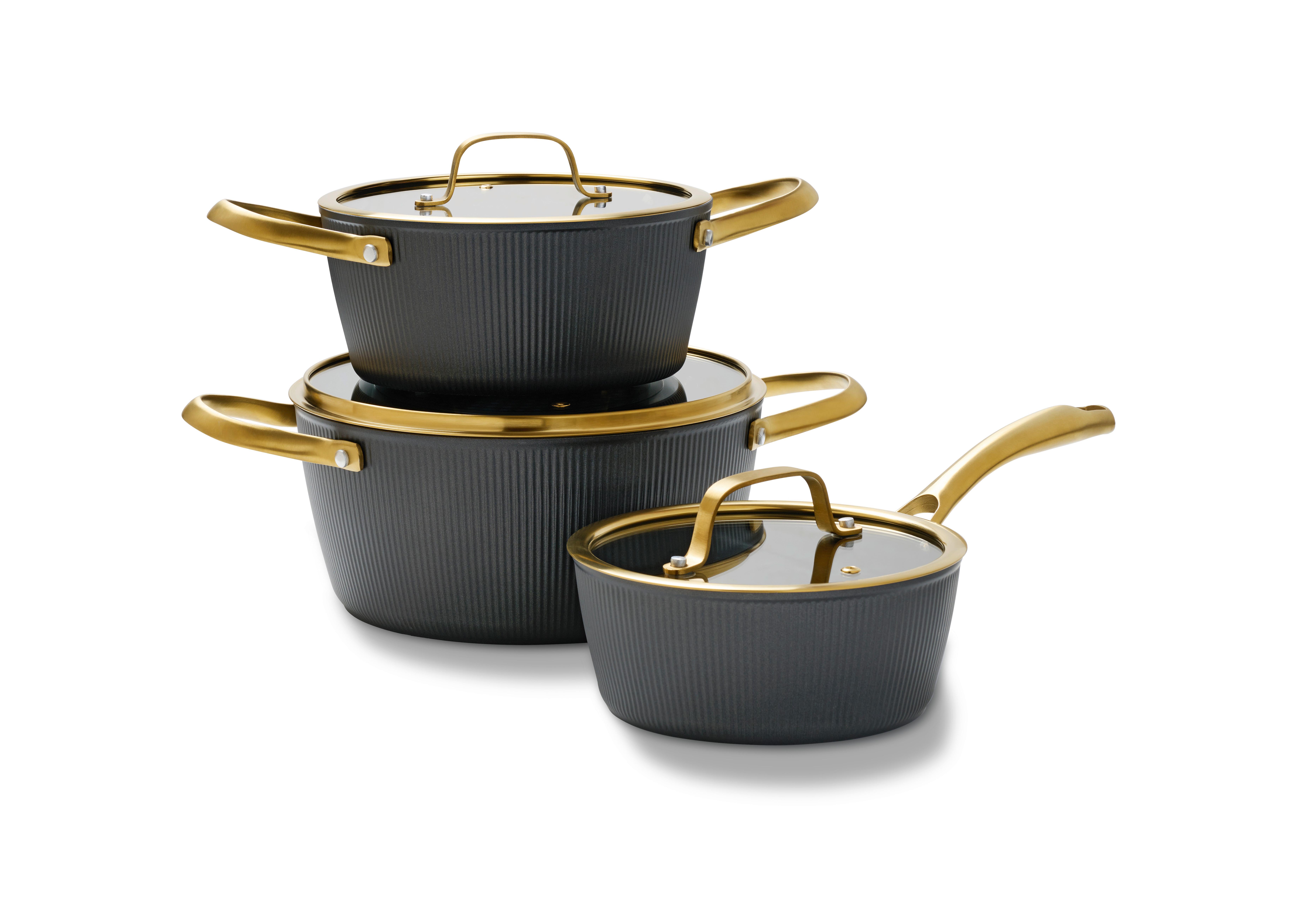 Kochtopfset Goldy Schwarz/Goldfarben, 6-teilig - Klar/Goldfarben, MODERN, Glas/Metall - Mömax
