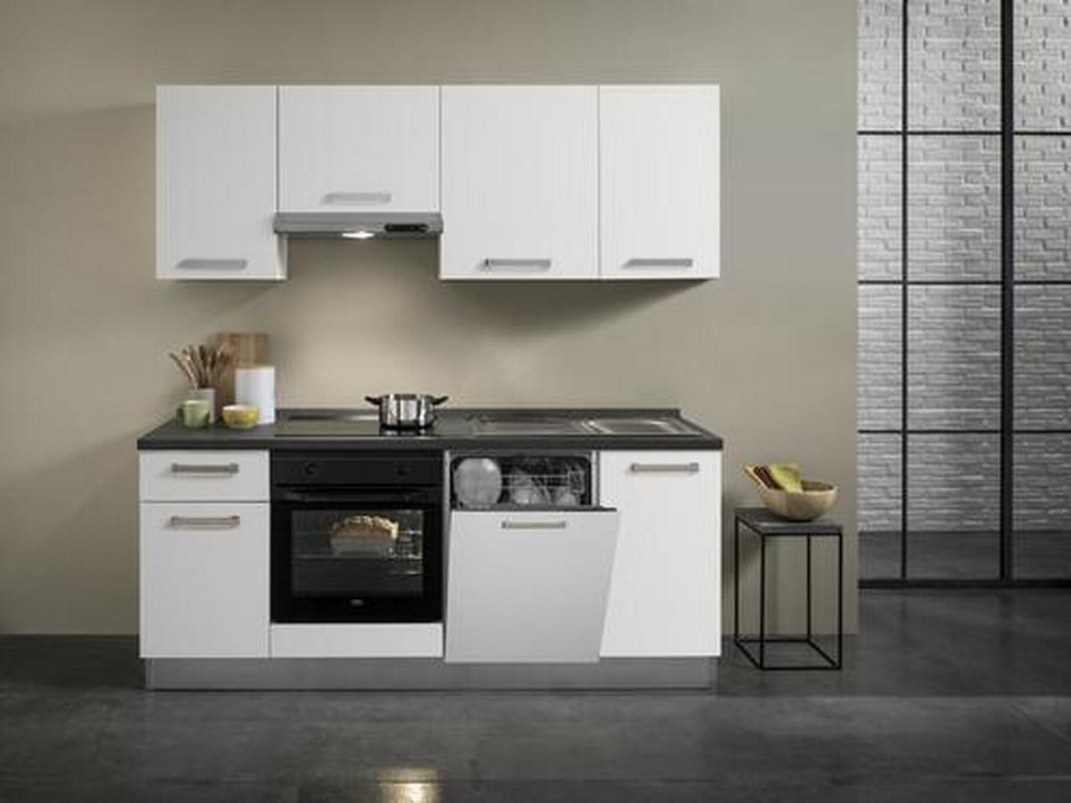 Küchenblock Belluna m. Geräte Weiß - Dunkelgrau/Alufarben, Basics, Holzwerkstoff/Kunststoff (210cm) - MID.YOU