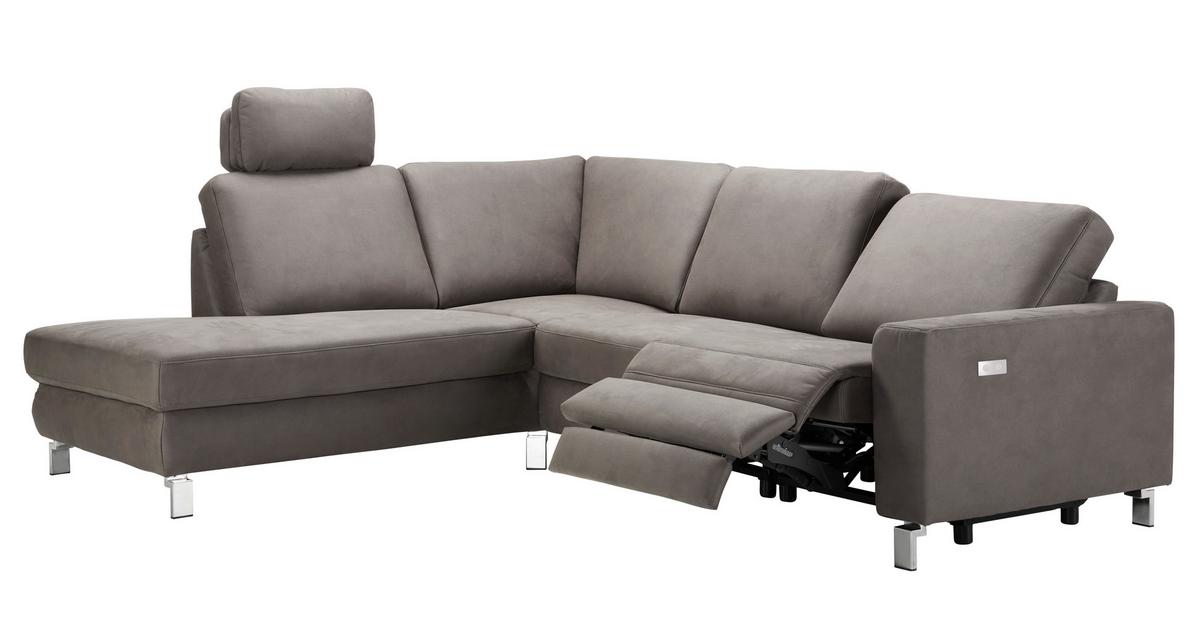 Ecksofa in Anthrazit mit Relaxfunktion - Chromfarben/Beige, Konventionell, Textil/Metall (263/89/220cm) - Premium Living
