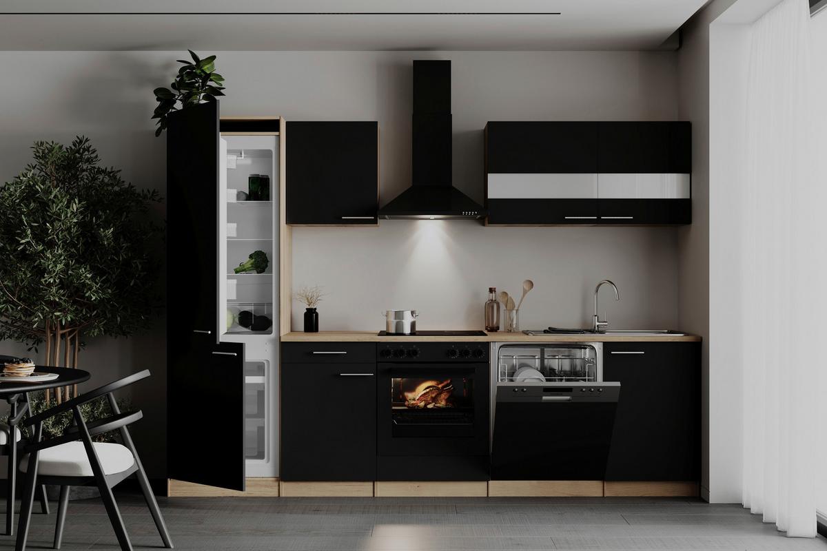 Küchenblock Merle m. Geräten Schwarz - Edelstahlfarben/Eichefarben, Basics, Holzwerkstoff/Metall (280cm) - Respekta
