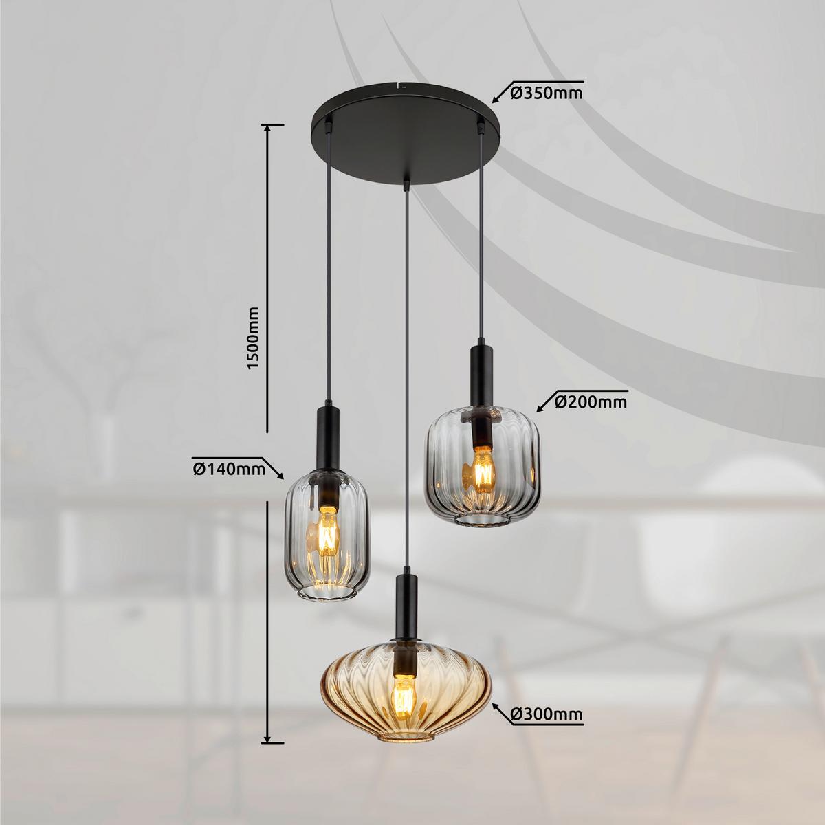 HÄNGELEUCHTE 15719-3 VALLETTA - Klar/Bernsteinfarben, Trend, Glas/Kunststoff (55/150cm) - Globo