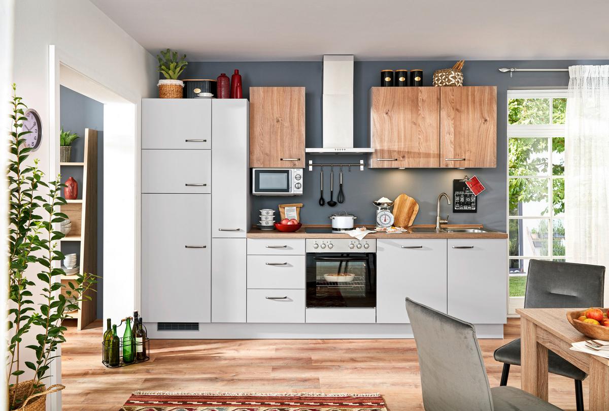 Küchenblock inkl. 5 E-Geräte IP1200/2200 - Eichefarben/Hellgrau, MODERN, Holzwerkstoff (310cm) - Impuls