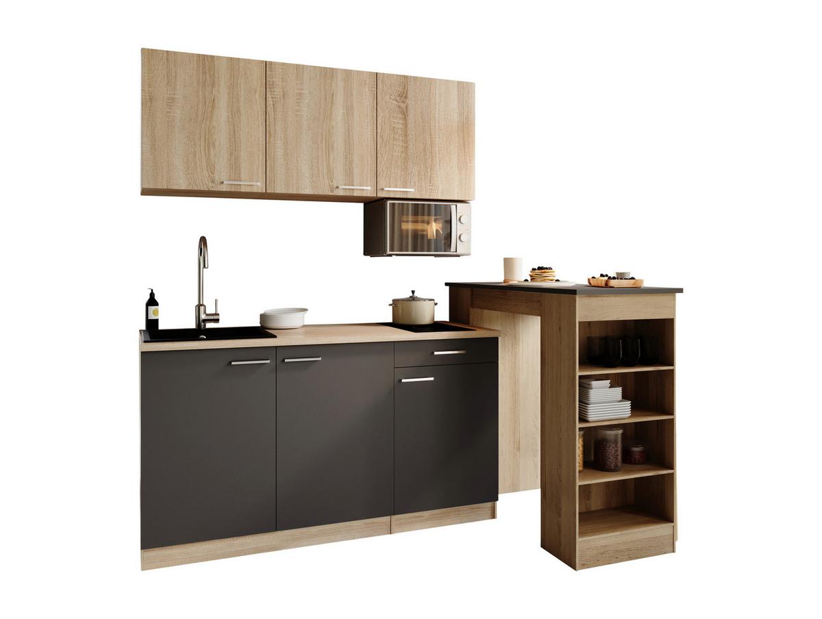 Miniküche Ingrid m. Geräten ca. 150cm Grau - Eichefarben/Alufarben, Design, Holzwerkstoff/Kunststoff (150cm) - Respekta