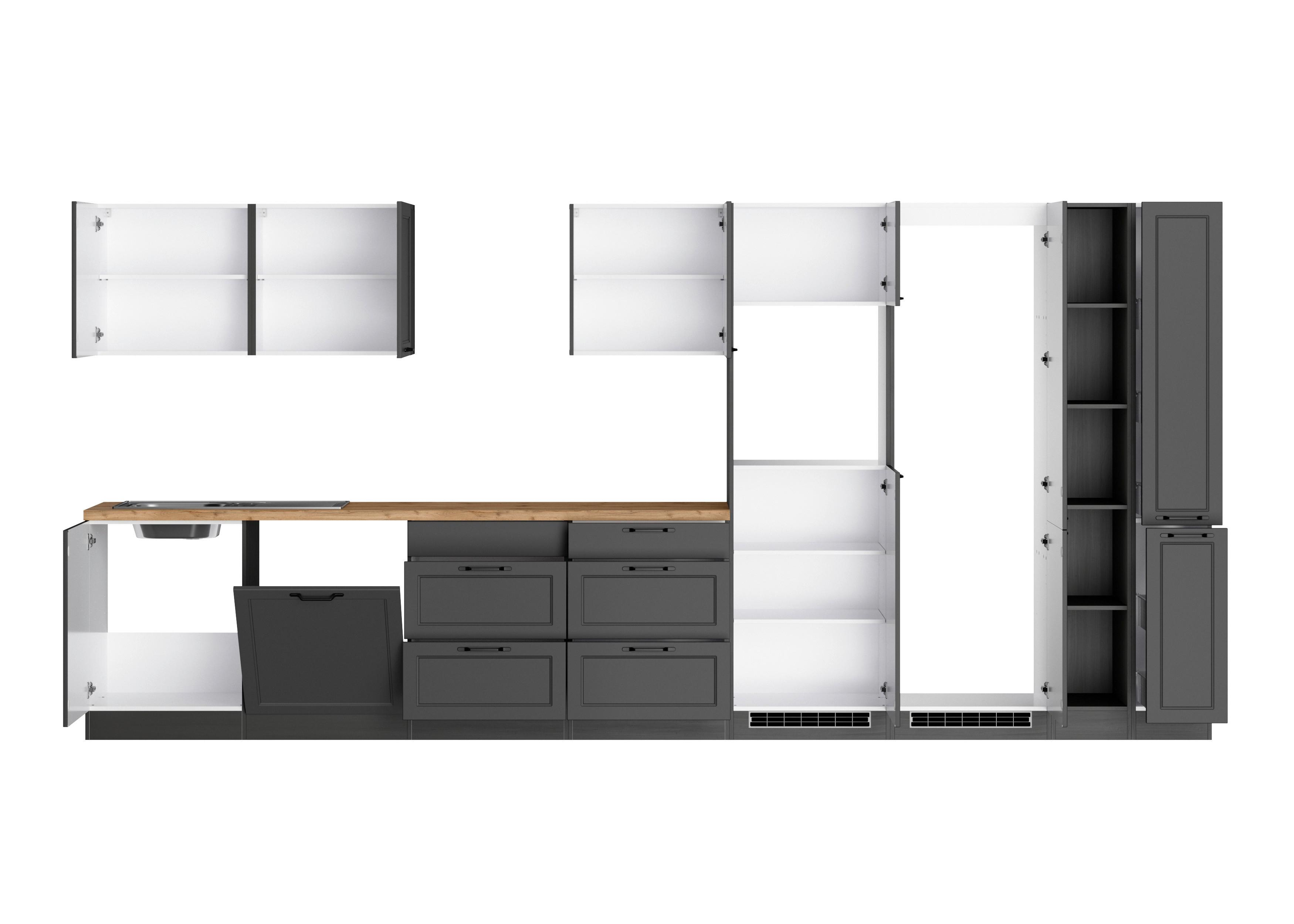 Küchenzeile Meran ohne Geräte ca. 420 cm Grau/Eiche Dekor - Eiche Wotan/Schwarz, LIFESTYLE, Holzwerkstoff/Metall (420cm) - Held