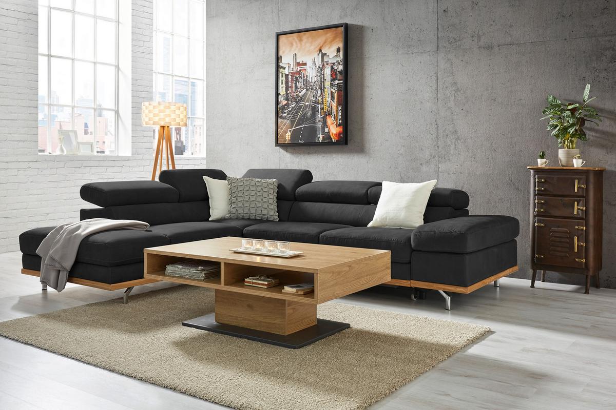 Wohnlandschaft Carmen in Schwarz mit Bettfunktion - Chromfarben/Schwarz, KONVENTIONELL, Holz/Textil (226/93/292cm) - Based