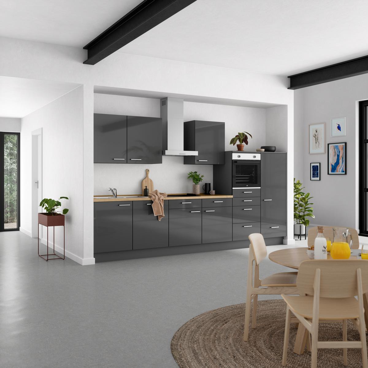 Küchenblock Flash Low m. Geräten Schieferfarben - Schieferfarben/Edelstahlfarben, MODERN, Holzwerkstoff/Metall (360cm) - Nobilia