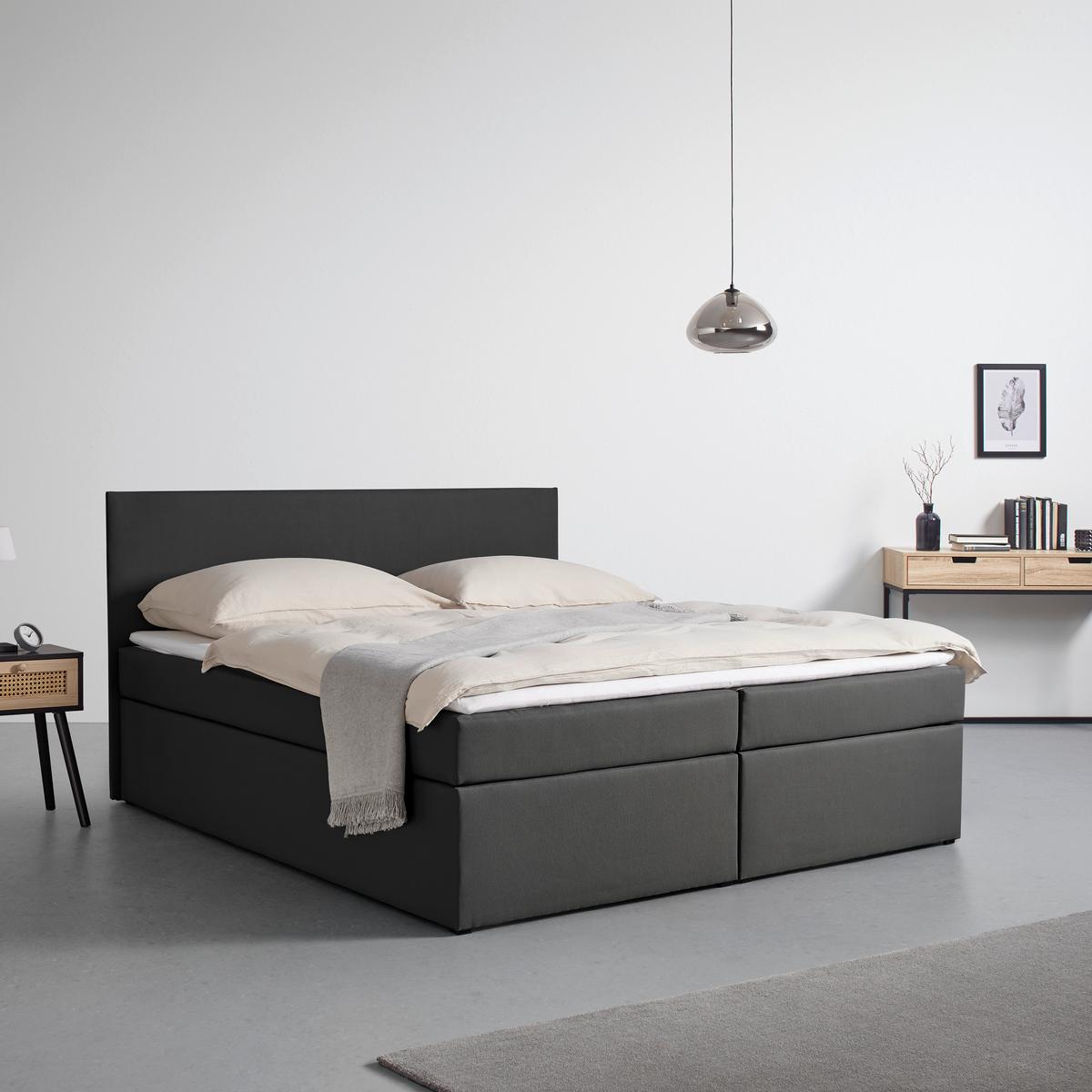 Boxbett Lucy ca. 180x200 cm Dunkelgrau mit Topper - Dunkelgrau, MODERN, Holz/Holzwerkstoff (180/200cm) - Bessagi Home