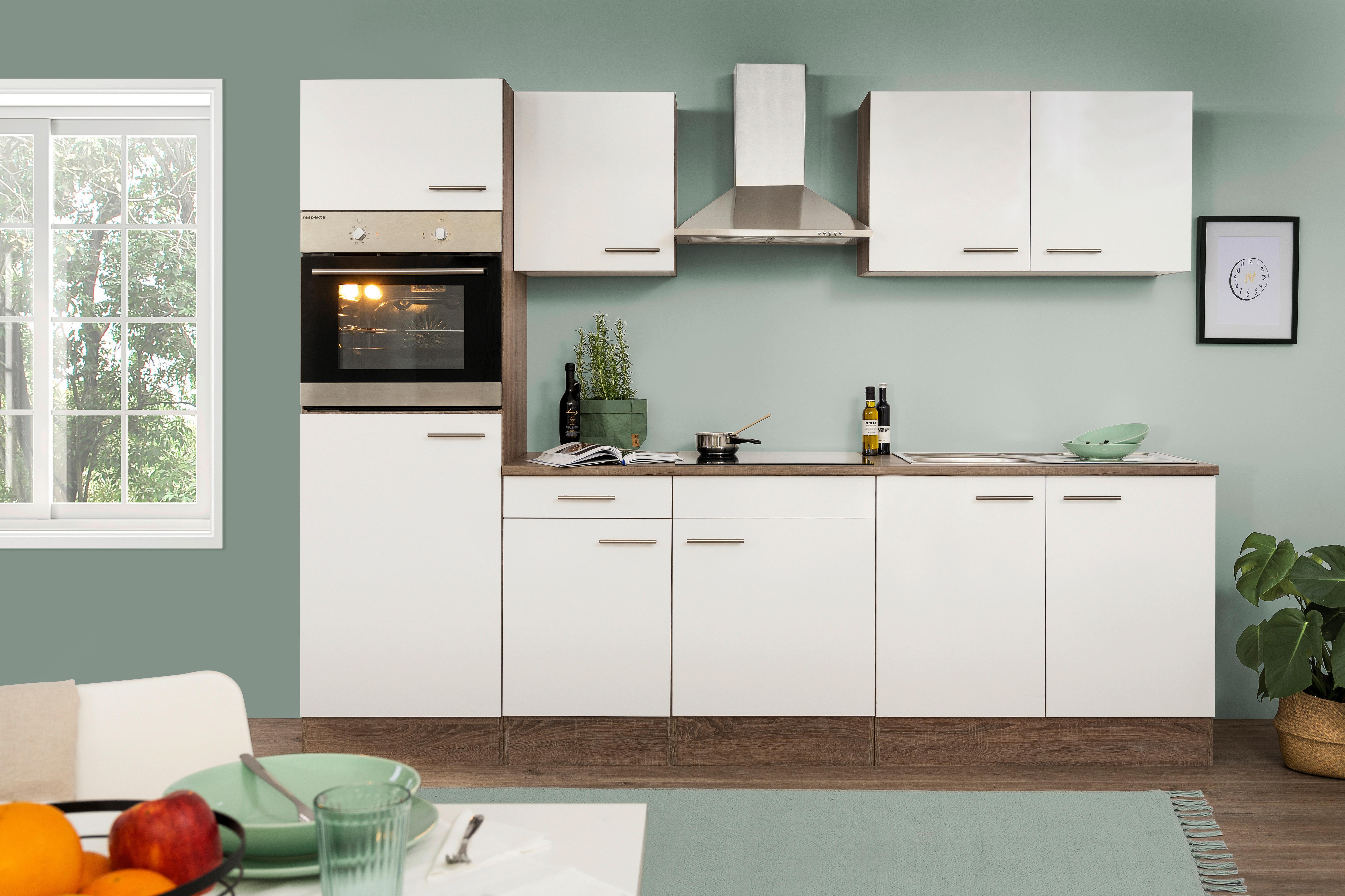 Küchenzeile mit Geräte Weiß /Eiche Dekor B: ca. 270 cm - Edelstahlfarben/Eichefarben, Design, Holzwerkstoff/Metall (270cm) - Respekta